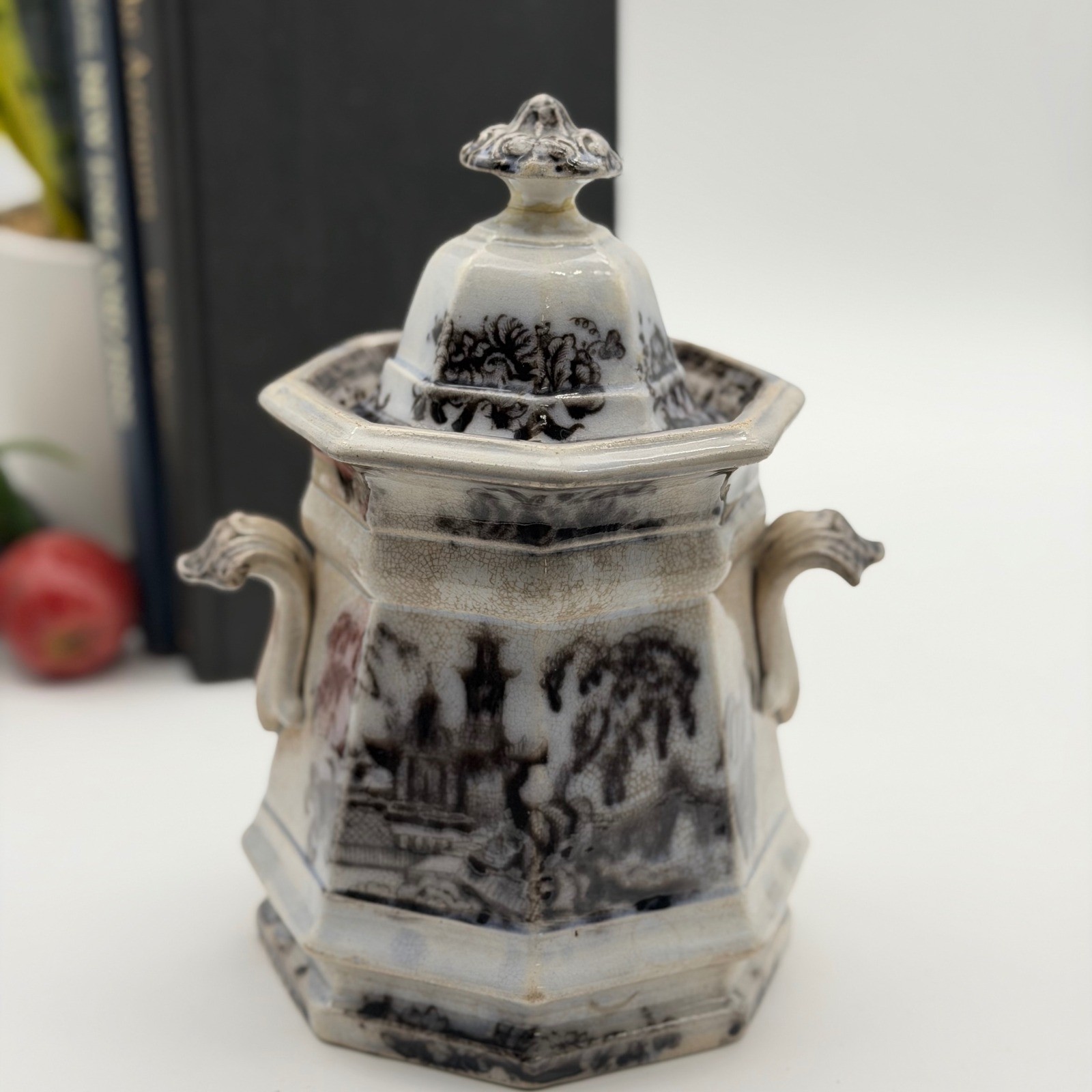 Antique Flow Black Mulberry Pelew Sugar Bowl Stained & Crazed Transferware
