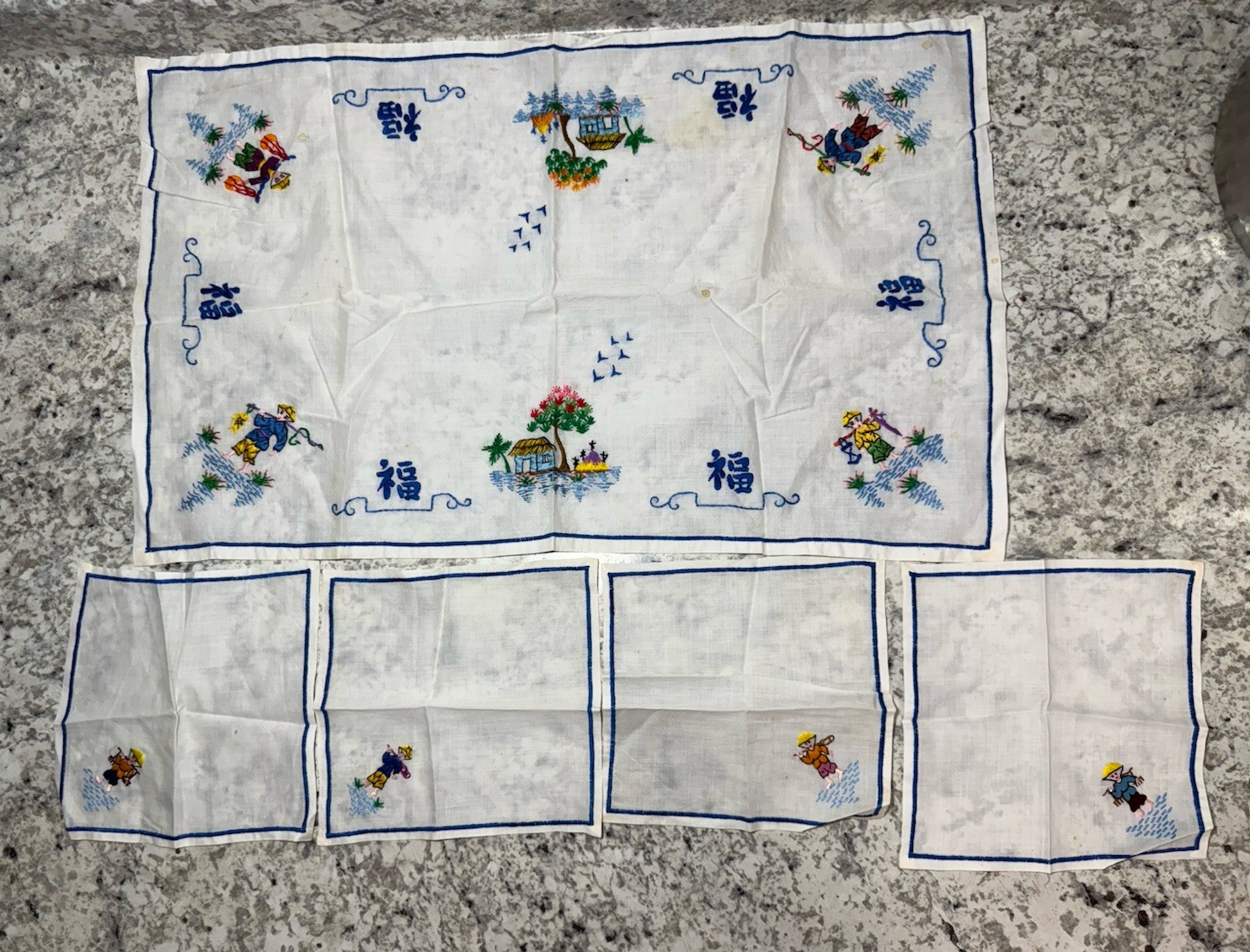 VTG cross stitch embroidered Teacloth 4 Napkin Chinese Farmers Fisherman