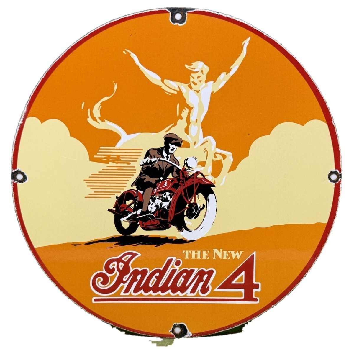 VINTAGE INDIAN 4 PORCELAIN SIGN FOUR CYLINDER MOTORCYCLE RIDER INDIAN SCRIPT