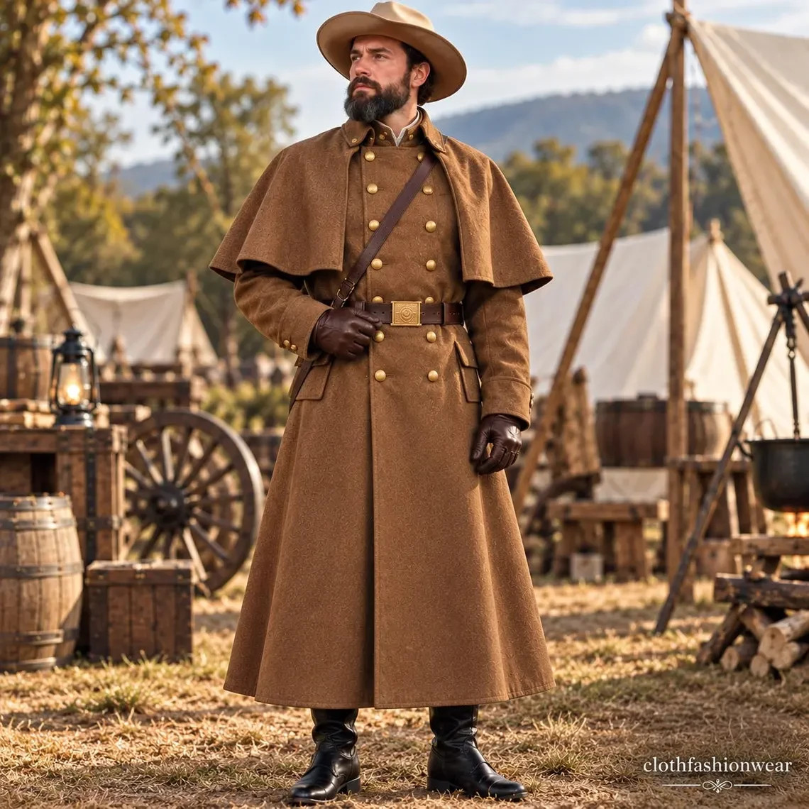 Brown Wool Frontier Cape Coat, Civil War Military Greatcoat, Western Historical 