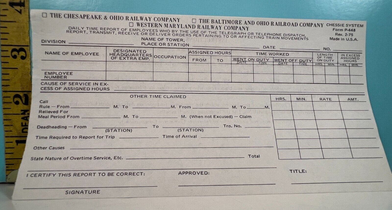 The Chesapeake & Ohio Railway Co paper timecard Unused.