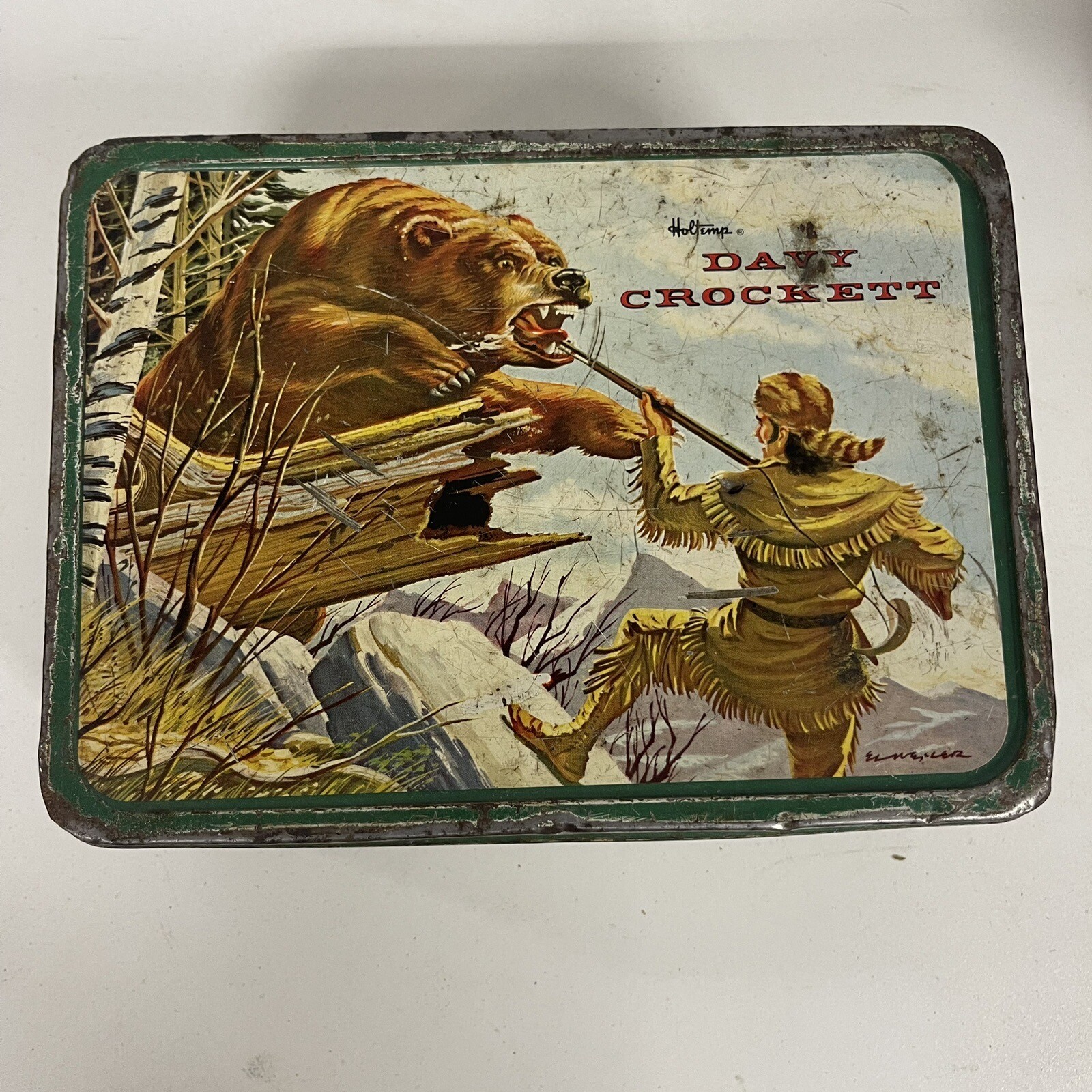RARE VINTAGE 1955 DAVY CROCKETT METAL HOLTEMP USA LUNCHBOX NO THERMOS BL