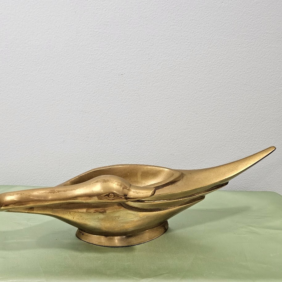 Vintage Heavy Brass Swan Sculpture Statue Bird Figurine Trinket Dish 1970's