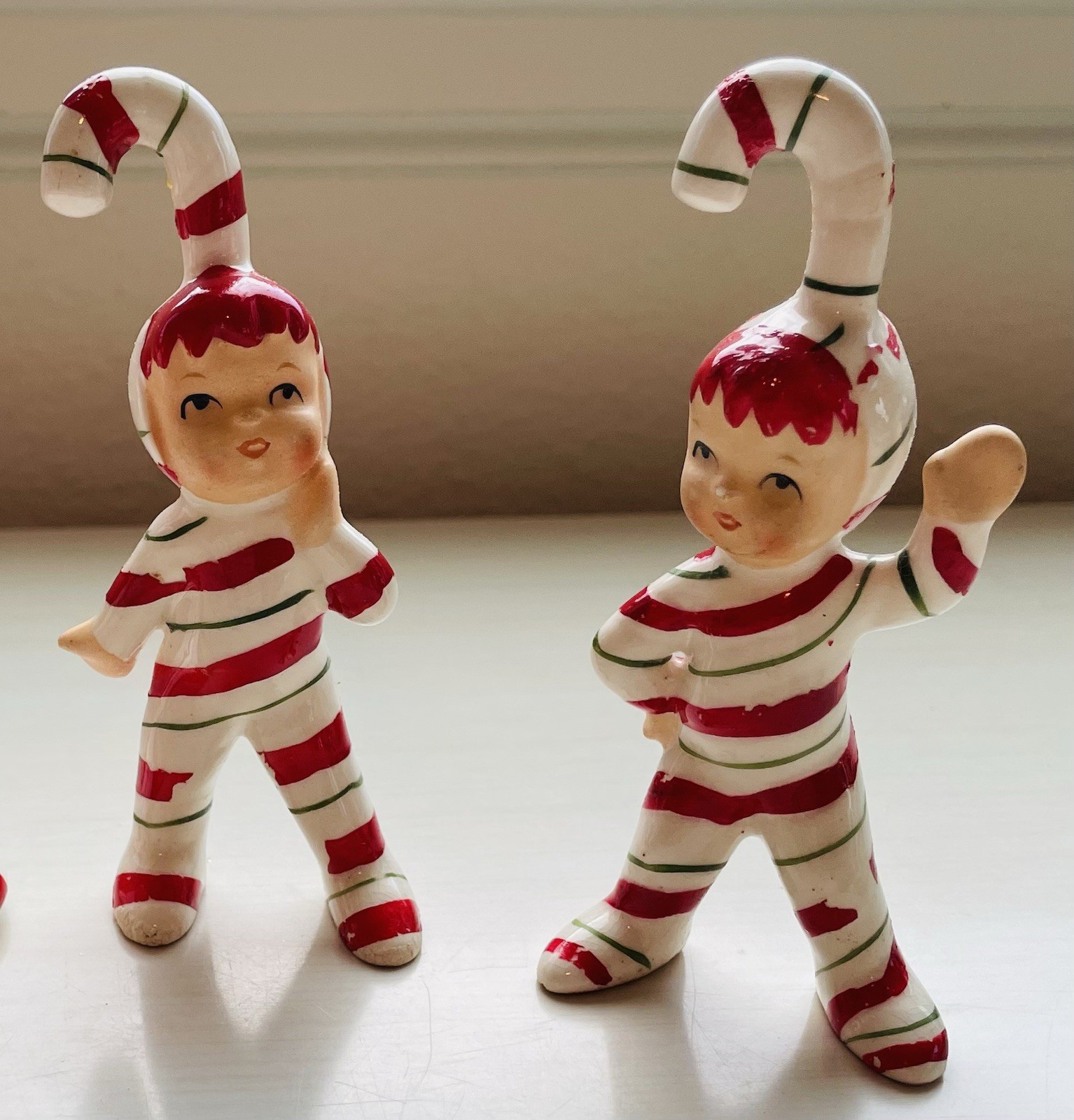 2 Vintage 1950s Candy Cane  Christmas Elf Figurines signed Geo Z Lefton Japan