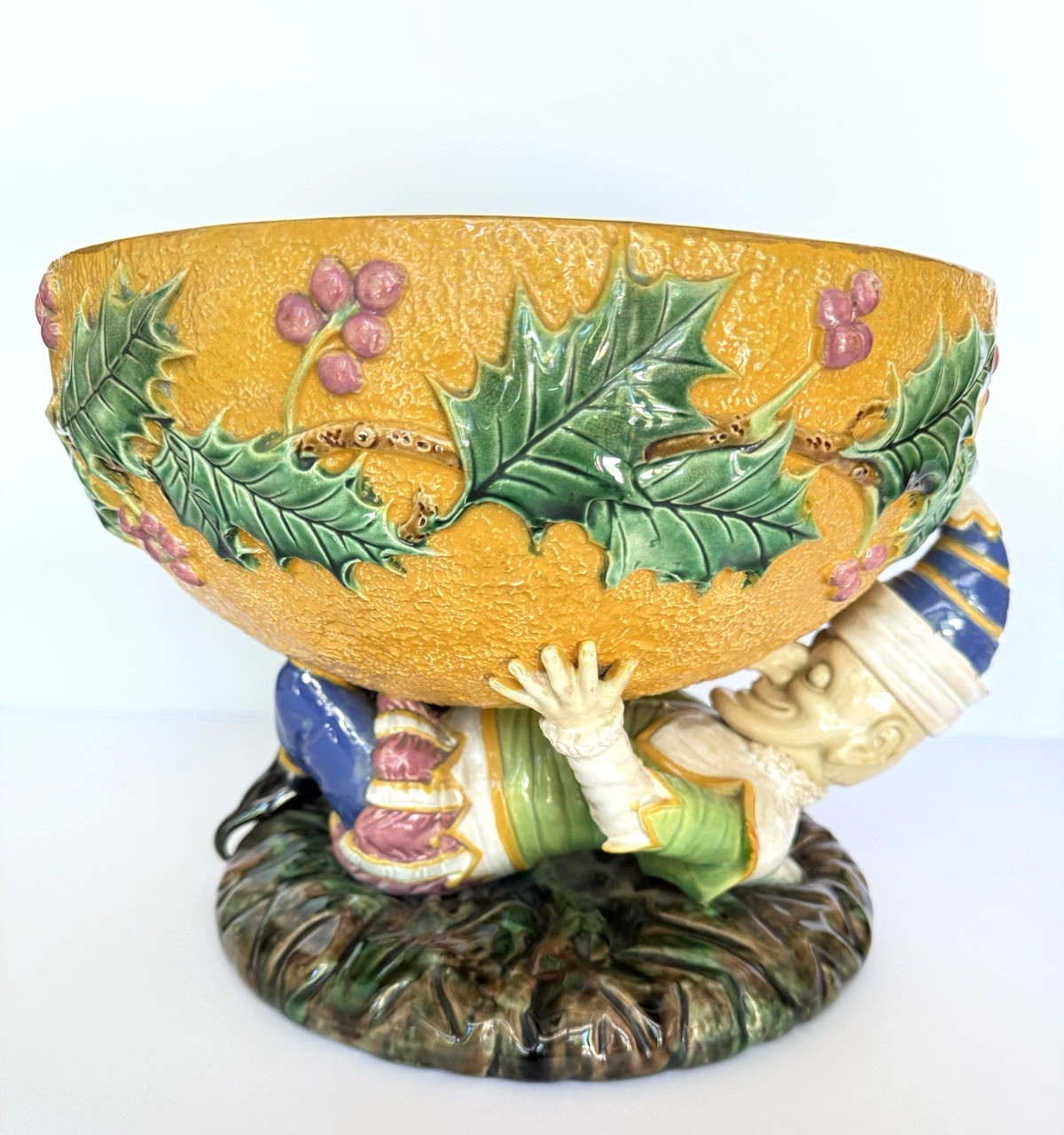 Rare 1870\'s Large George Jones Majolica Mr Punch Comport Centerpiece Bowl