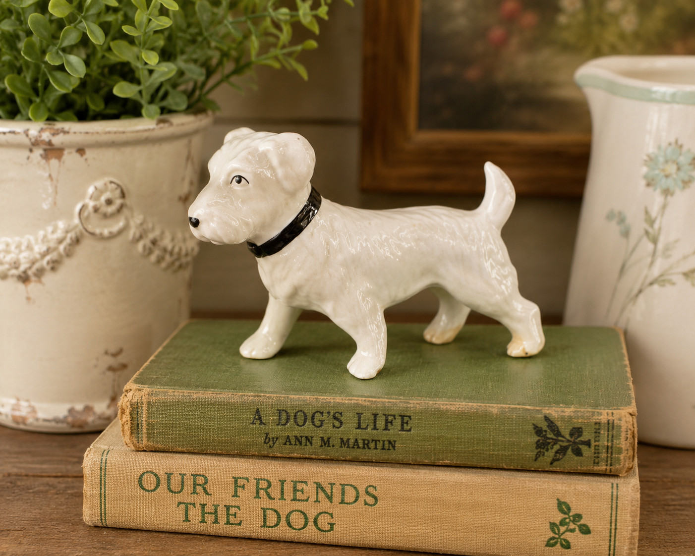 Vintage Japan White Terrier Dog Figurine Black Collar Lusterware 1950s