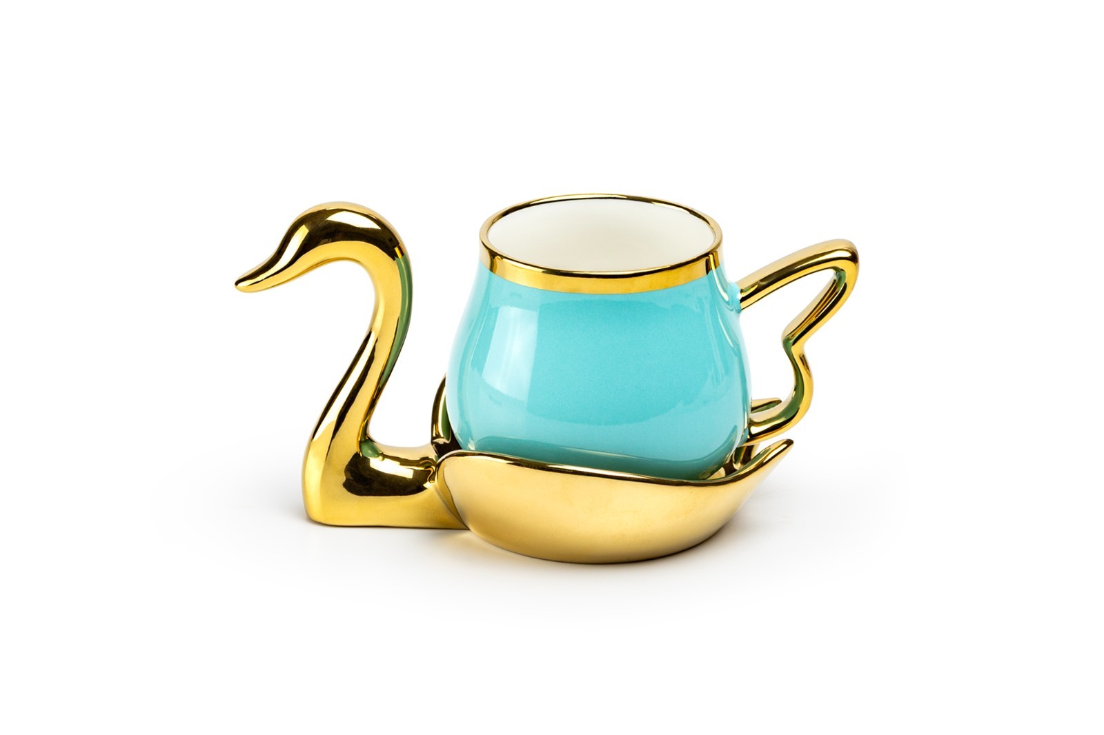 Grace Teaware Golden Swan Turquoise 7oz Fine Porcelain Tea Cup and Saucer