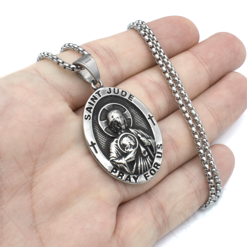 Saint St Jude Medal Stainless Steel Prayer Pendant Necklace Religious Amulet Men