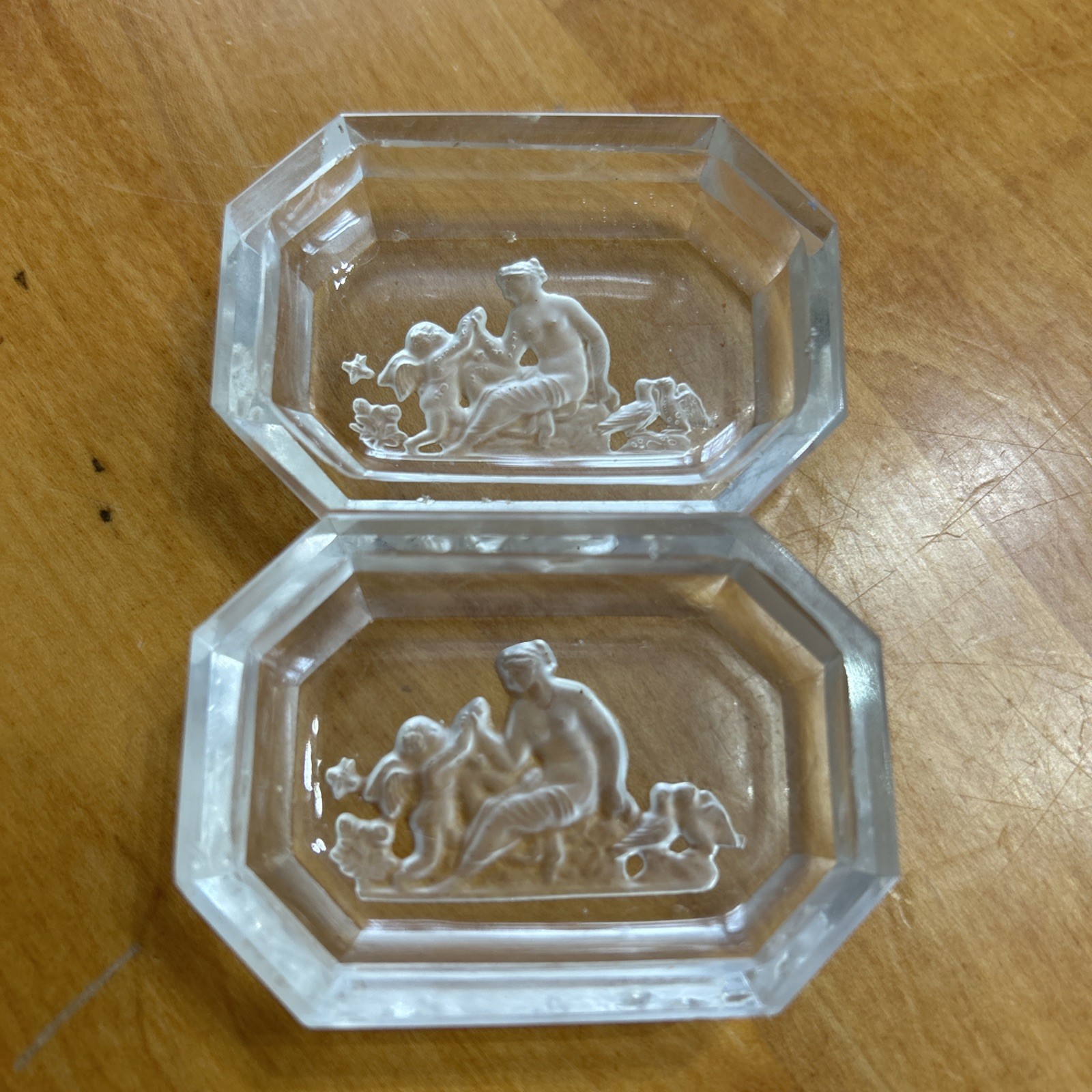 1920's Pair Czech Cherub Heinrich Hoffmann Hexagon Intaglio Salt Cellars 1920's Pair Czech Cherub Heinrich Hoffmann Hexagon Intaglio Salt Cellars