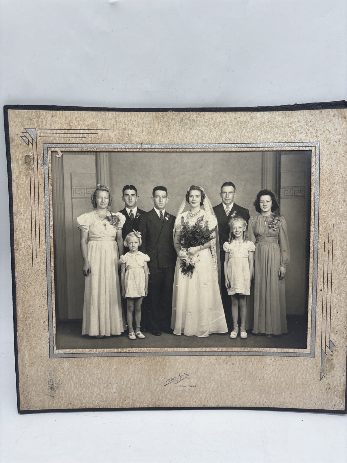 B&W Real Photo Wedding Party Cedar Rapids IA 1950s Vintage 12x11 Lasswell Studio