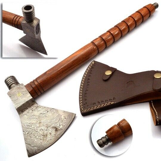 DAMASCUS Steel BLADE DOUBLE HEAD FUNCTIONAL TOMAHAWK,AXE CARVED ROSE WOOD HANDL.