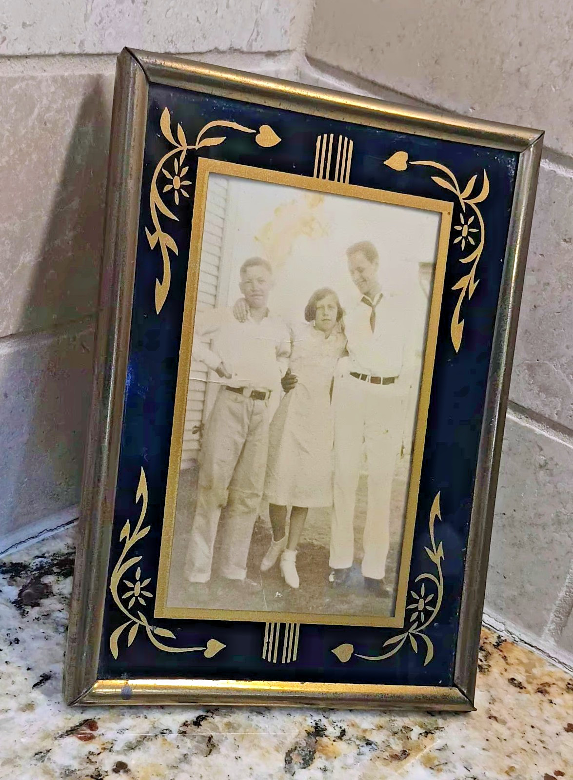 Antique ART DECO Black reverse painted Glass Picture frame Gold ornate 1930's