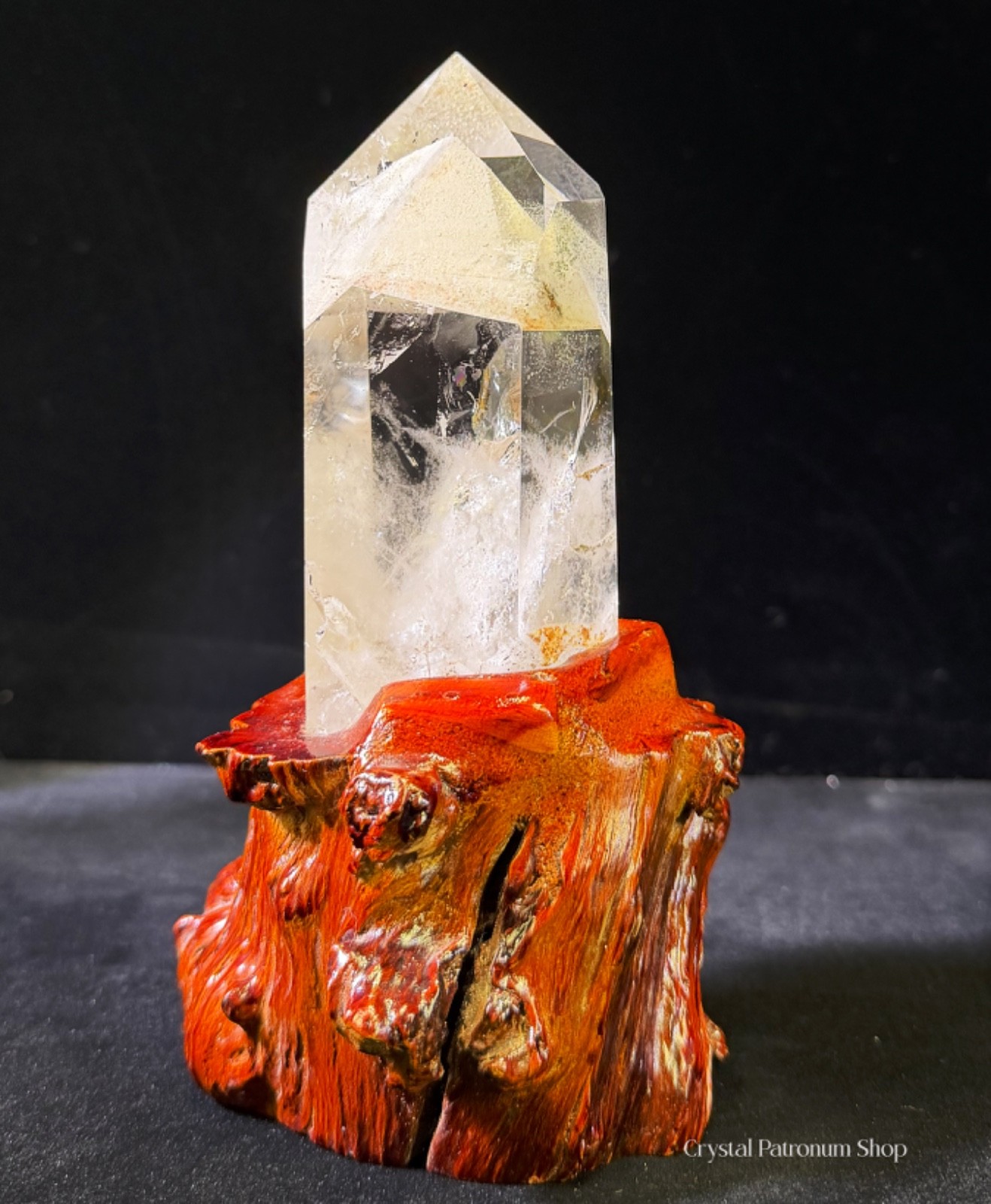 1LB Natural White & Clear Quartz Crystal Tower on Root Wood Base | 10inch Height