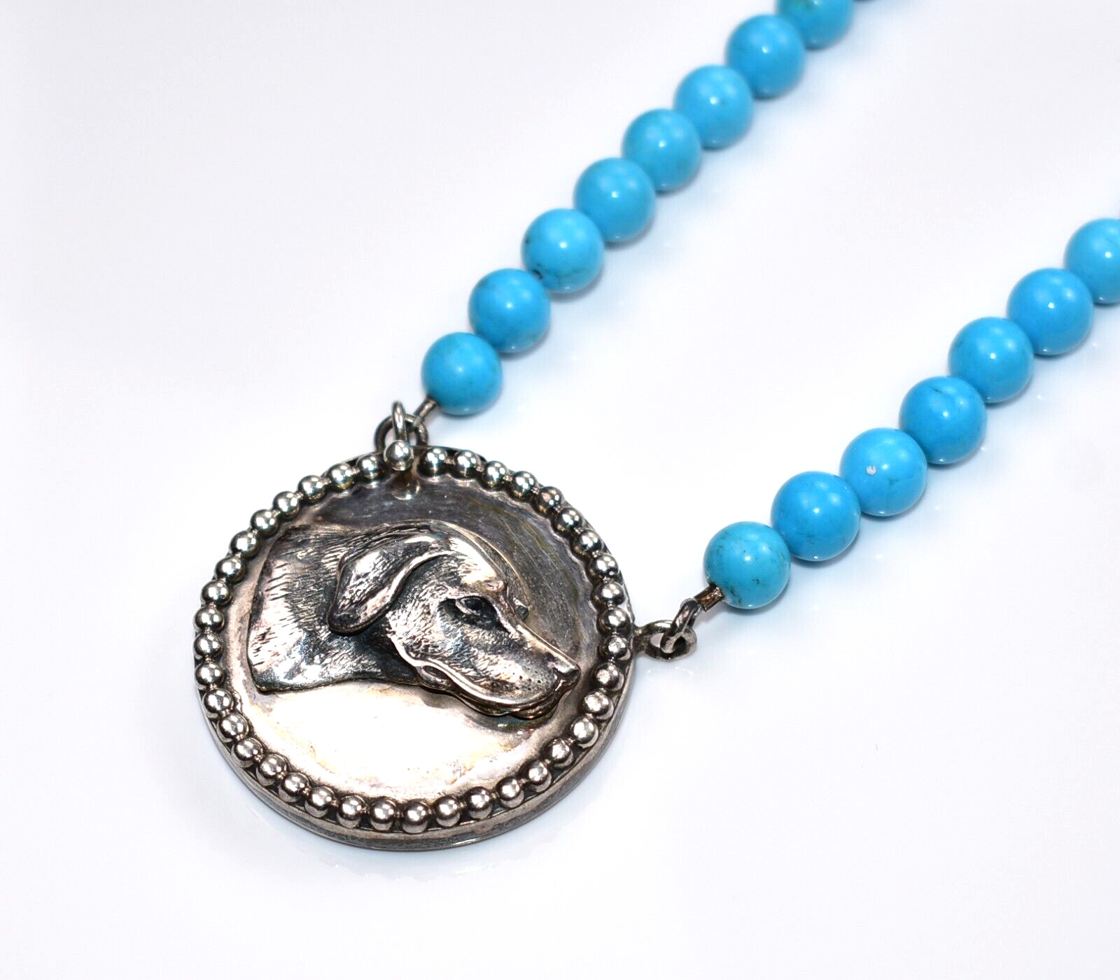 SOLID STERLING *LAB RETRIEVER* BLUE PASTE EYE TURQUOISE NECKLACE **74 GRAMS**