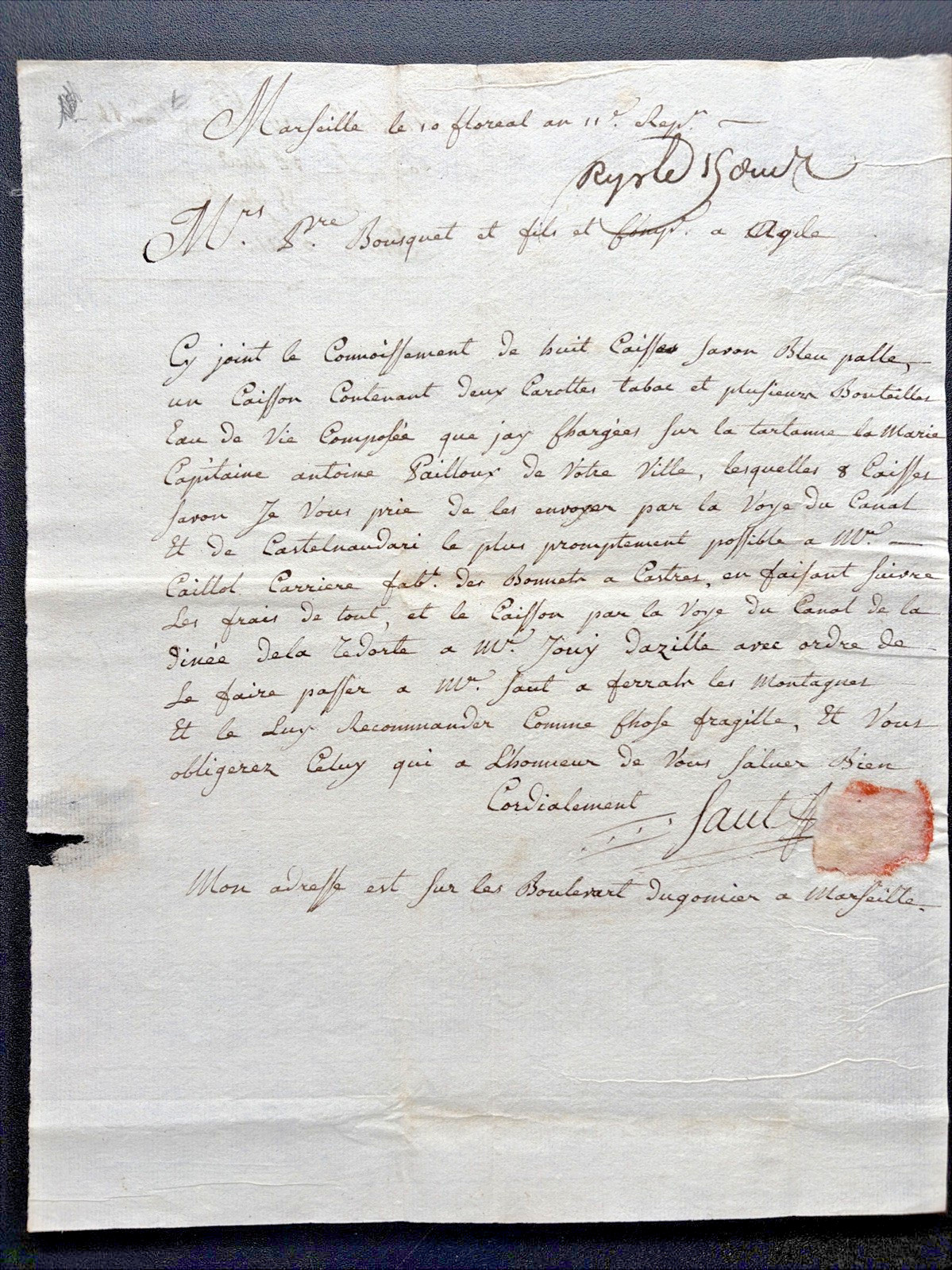1803 French Maritime Trade Letter Marseille Canal du Midi Soap Carcassonne