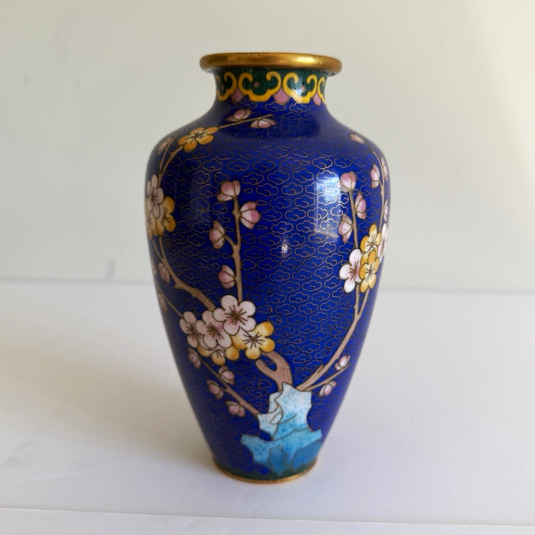 Pristine Vintage Chinese Cloisonne Vase Cobalt Blue Cherry Blossom Enamel 1970s Pristine Vintage Chinese Cloisonne Vase Cobalt Blue Cherry Blossom Enamel 1970s