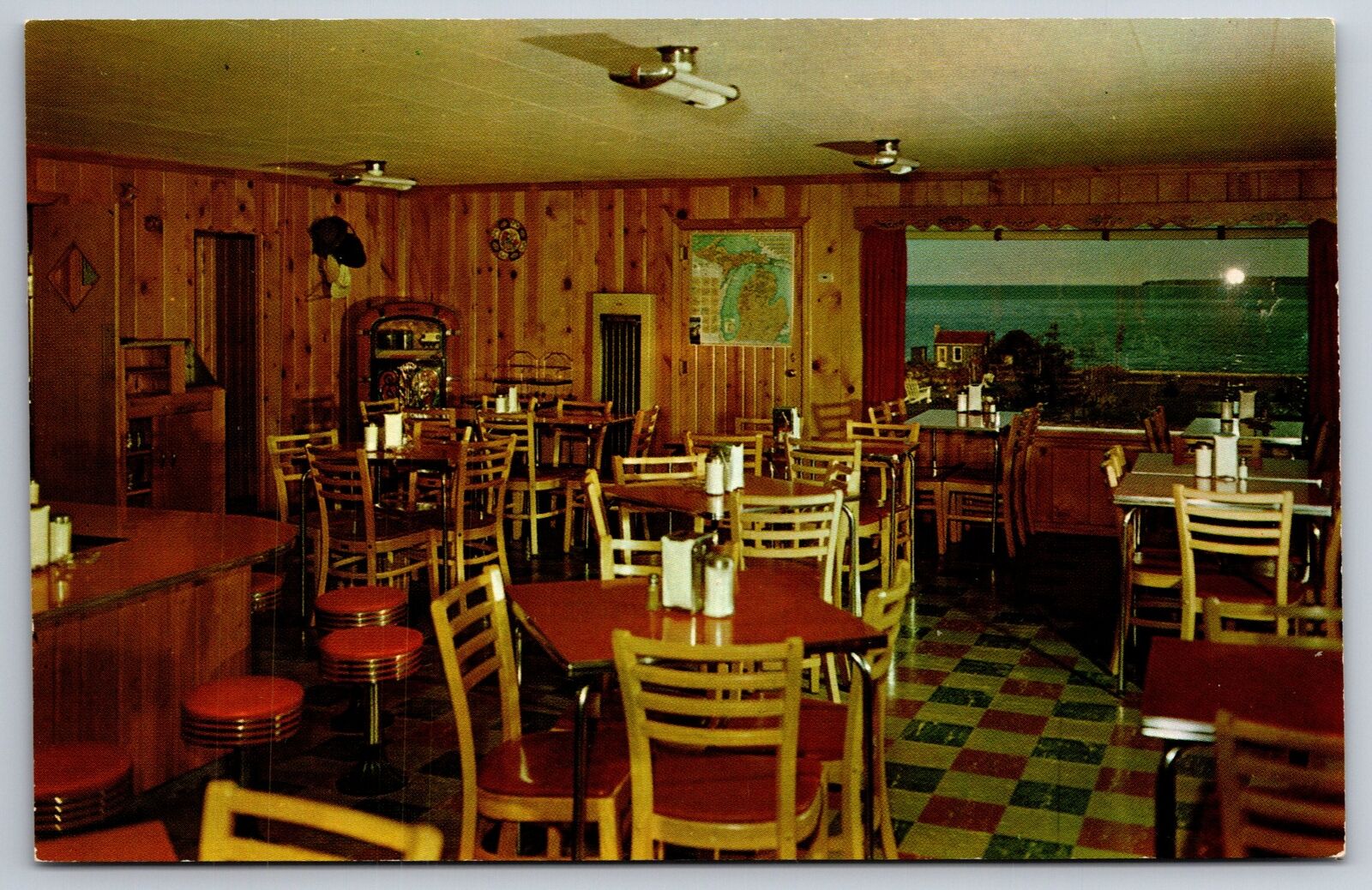 St Ignace Michigan~Inside Viteks Restaurant~1947 Rock Ola 1426 Juke Box~Postcard