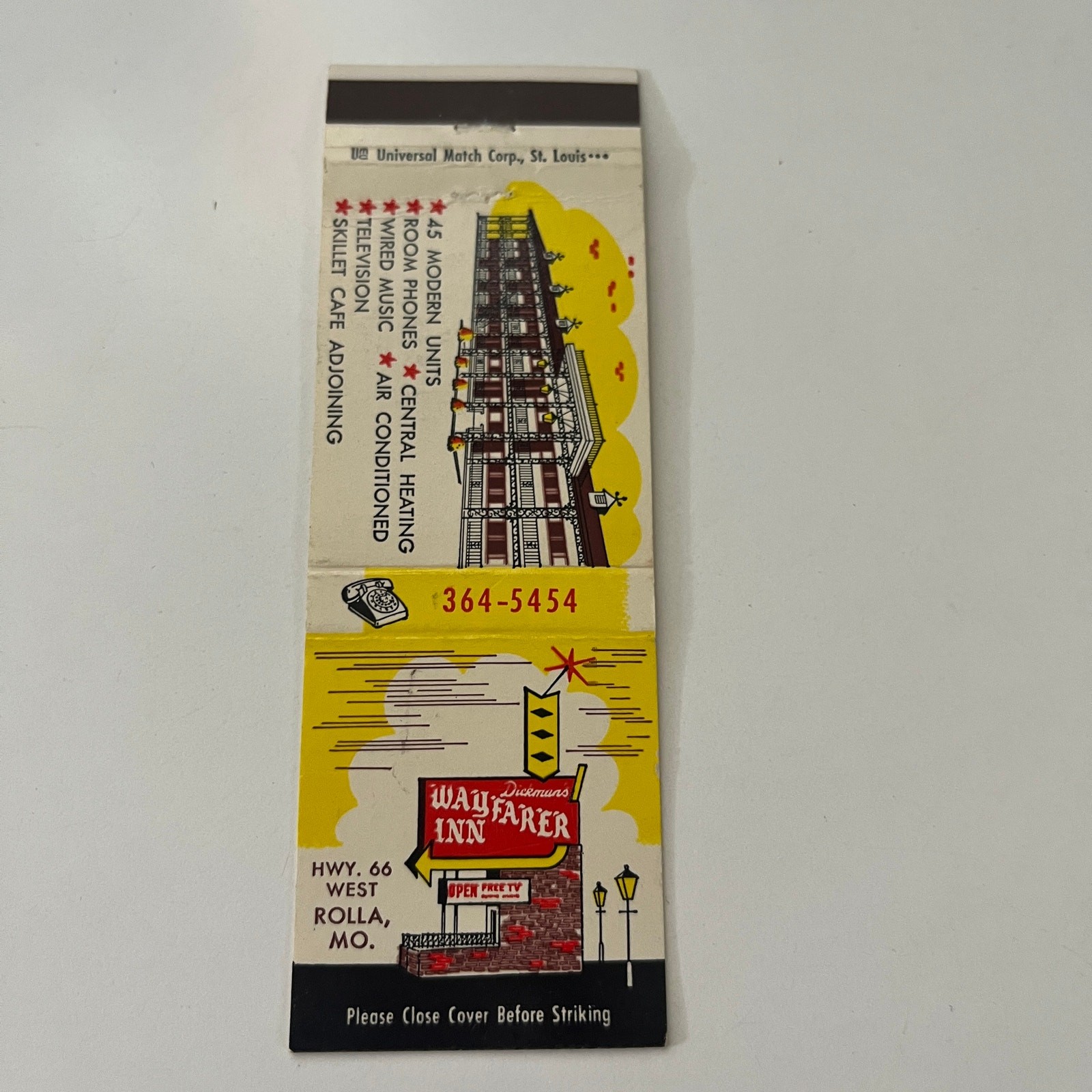 Dickman\'s Wayfarer Inn 45 Modern Units Rolla MO Vintage Matchbook Cover SMB32-1