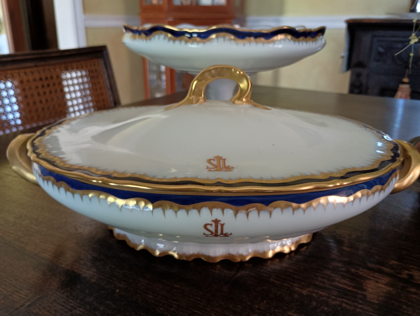 Antique Théodore Haviland Limoges Cobalt Blue Gold Porcelain Pedestal Tureen Set