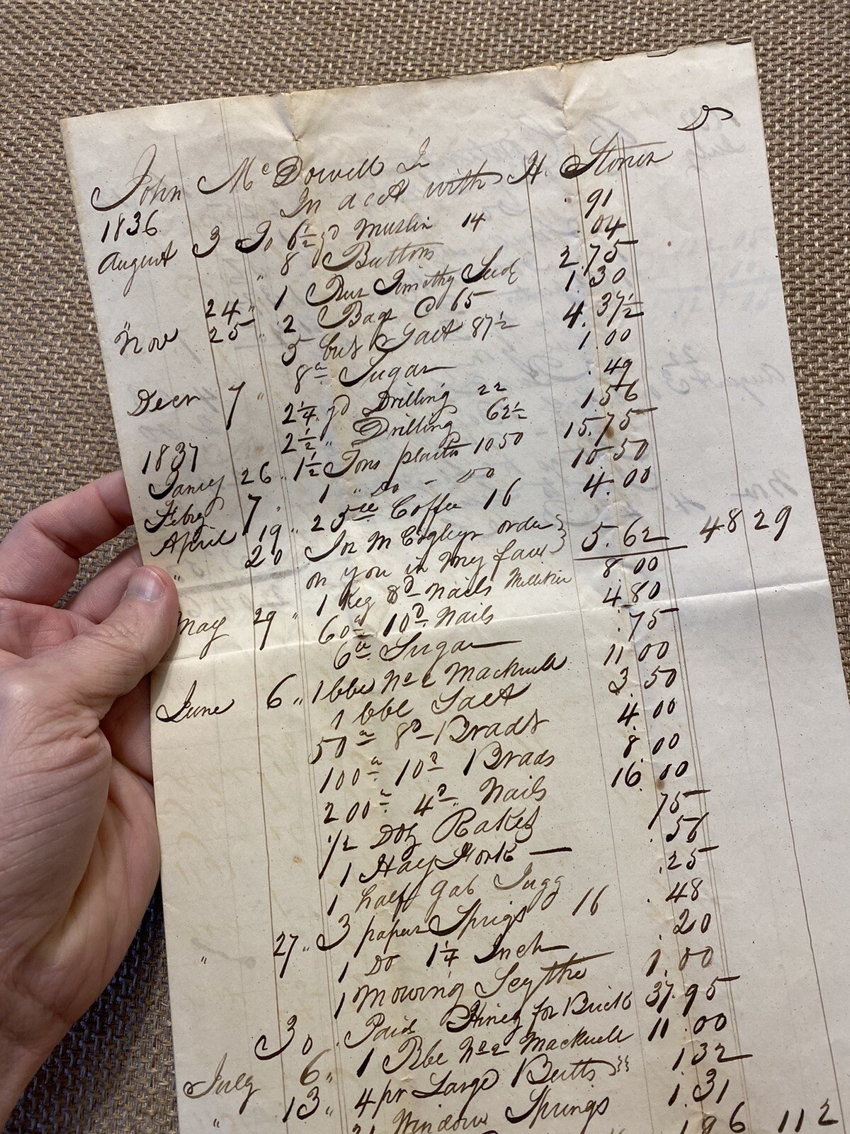 Antique 19th Century Ledger Pages 1836 1837 McDowell Stoner PENMANSHIP