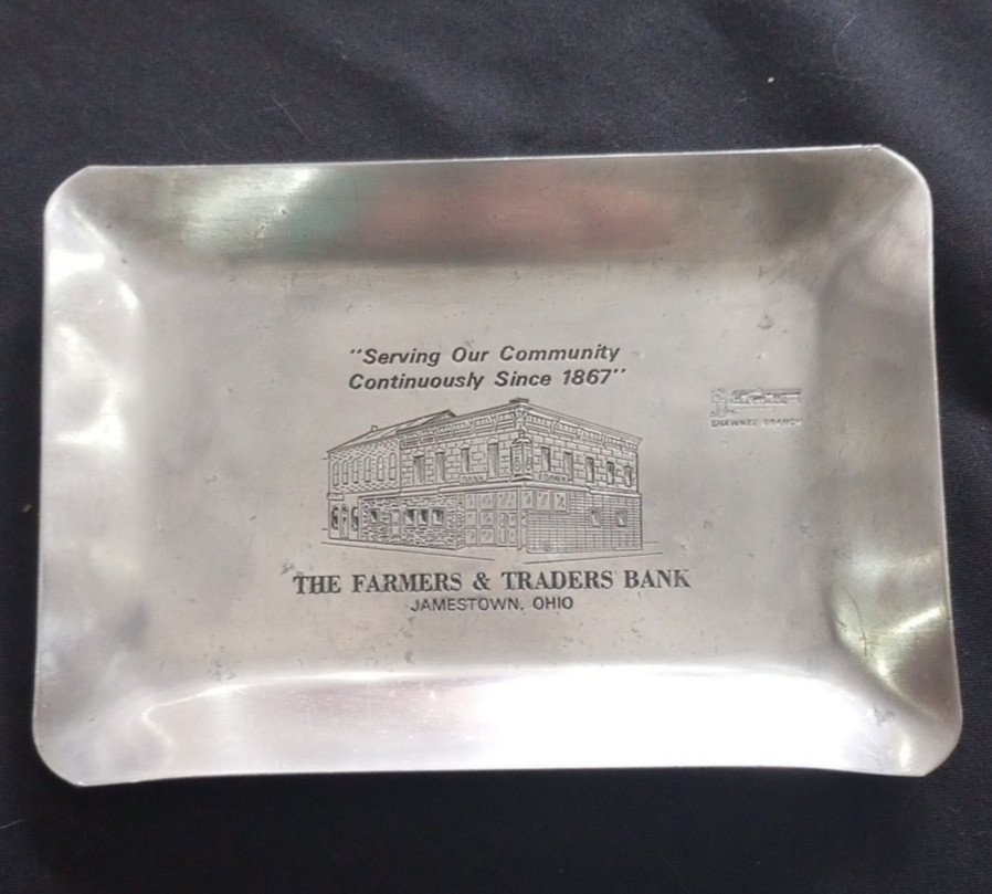 Vintage Ohio Bank Advertising Tray Farmers Traders Jamestown Hotel Shawnee Promo