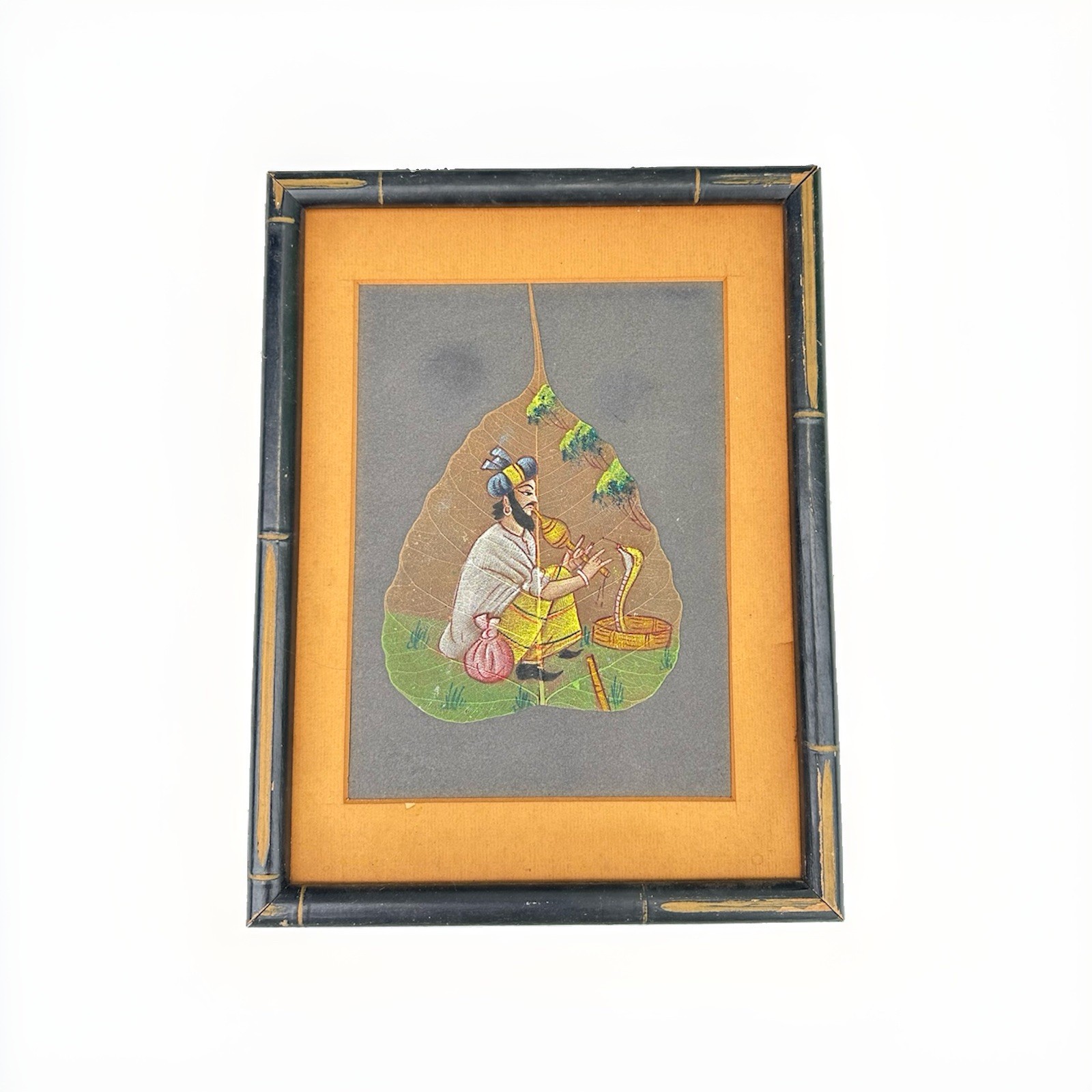 Vintage Indian Peepal Leaf Painting Snake Charmer Cobra Framed Folk Art Vintage Indian Peepal Leaf Painting Snake Charmer Cobra Framed Folk Art