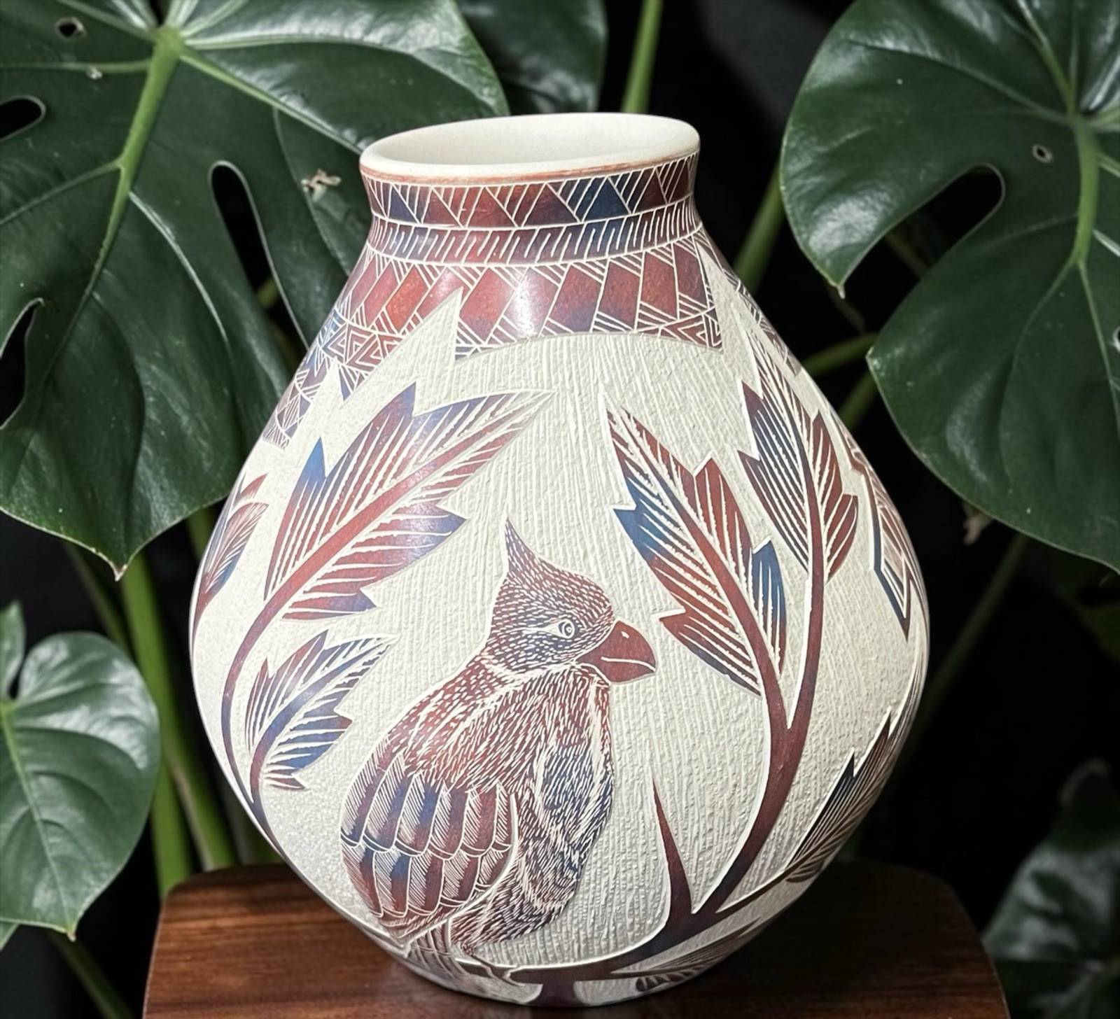 Mata Ortiz Pottery Hector Quintana Cardinal Plants Floral Jar Vase Mexican Art