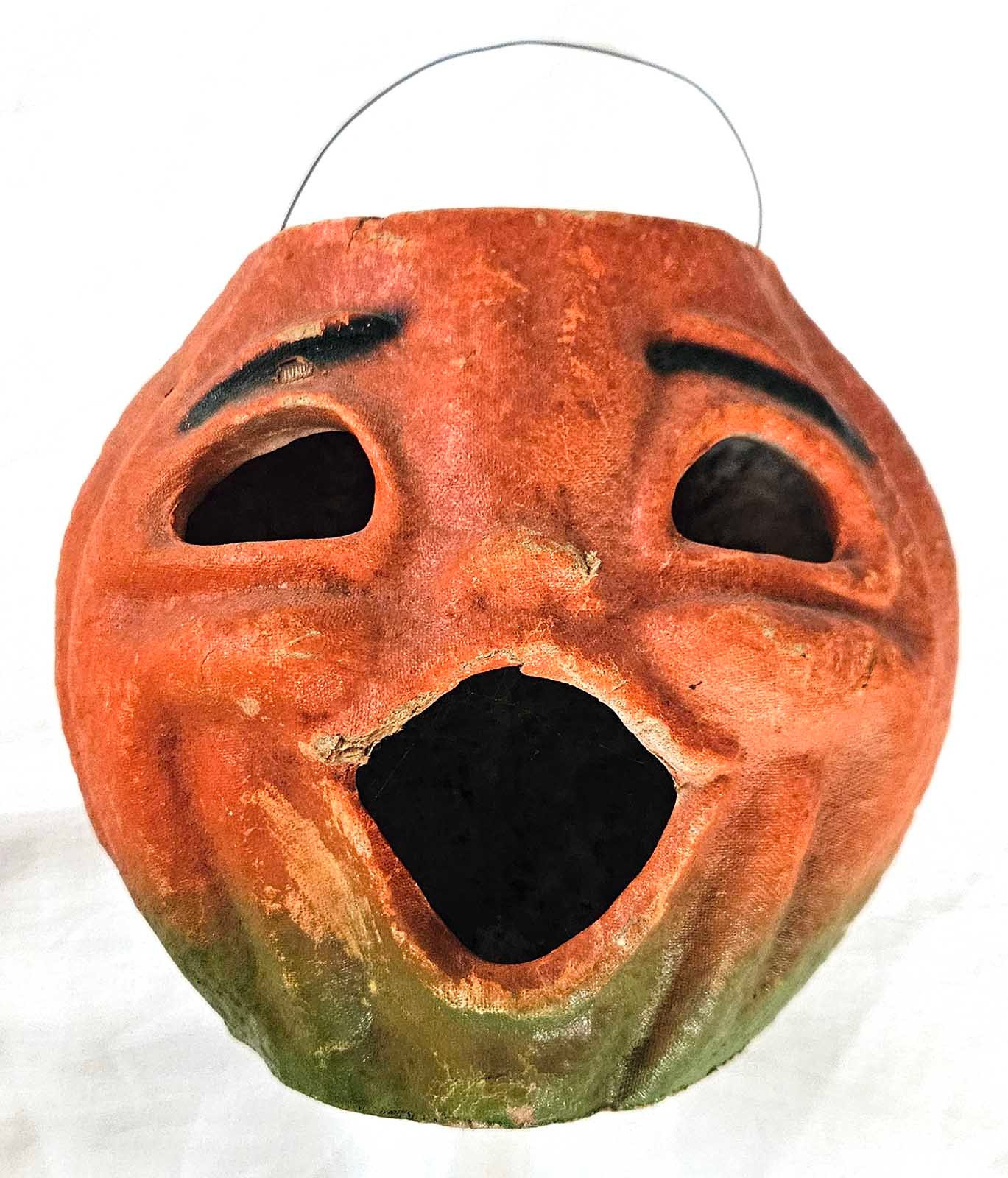 VINTAGE PAPIER-MACHE HALLOWEEN JACK-O-LANTERN CHOIR BOY PAIL, 7”, 1930s