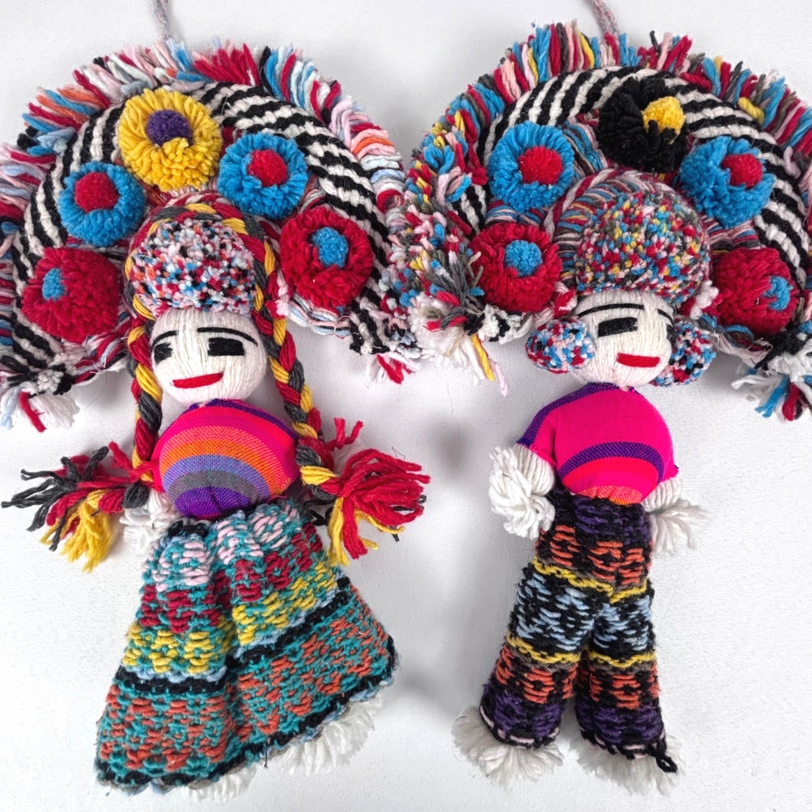 Vintage Mexican Aztec Yarn Folk Art Dolls Girl Boy Set of 2 17\