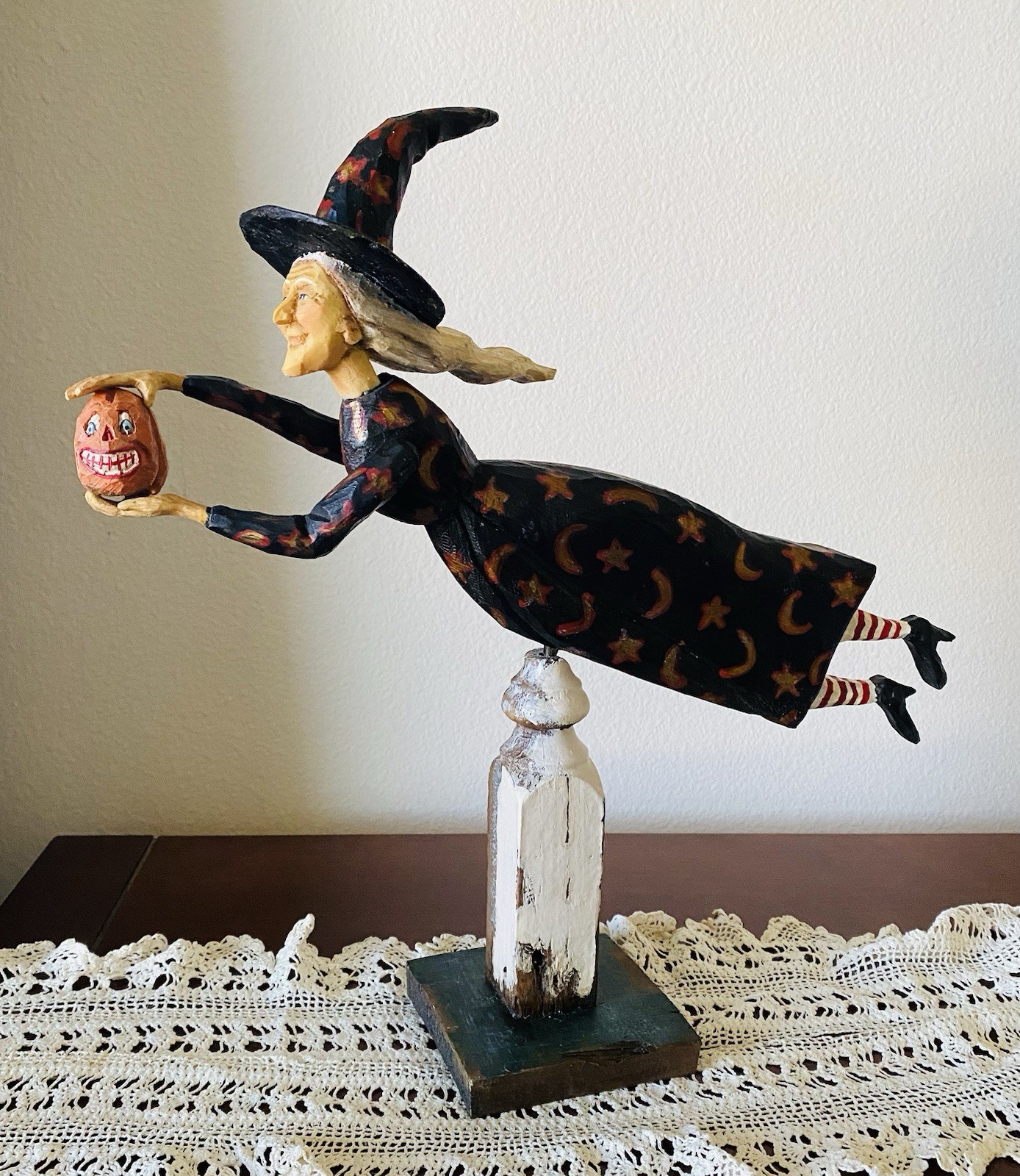 VTG Hand Painted Halloween Witch Figurine on Stand Moons Stars w/ Jack-O-Lantern