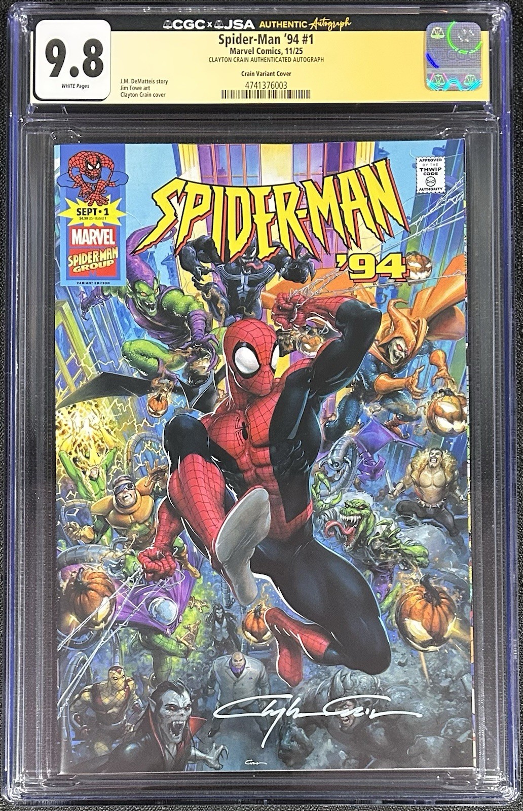 Spider-Man ’94 #1 Clayton Crain Variant Signed CGC 9.8 JSA White Pages