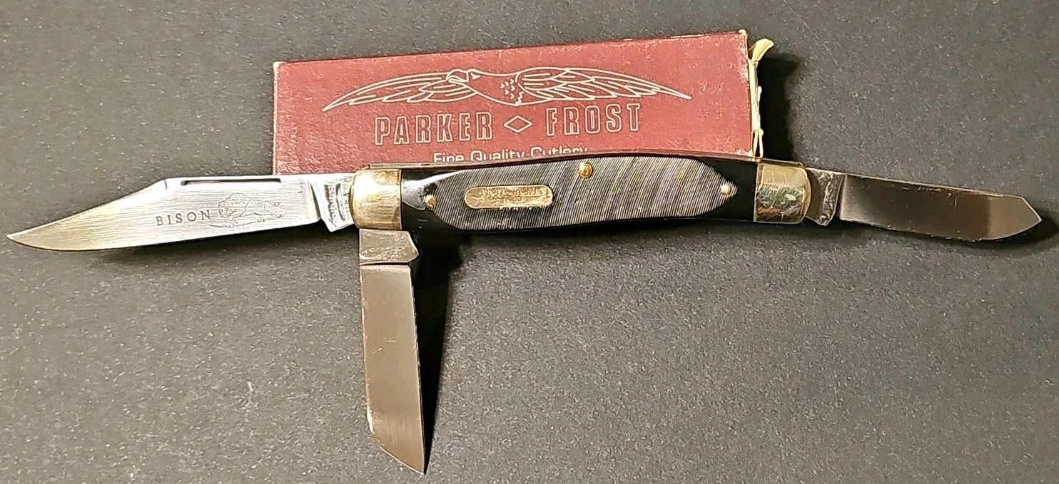 Vintage Parker-Frost USA 1978-9 Bison Etch w/ Box Stockman Pocket Knife 