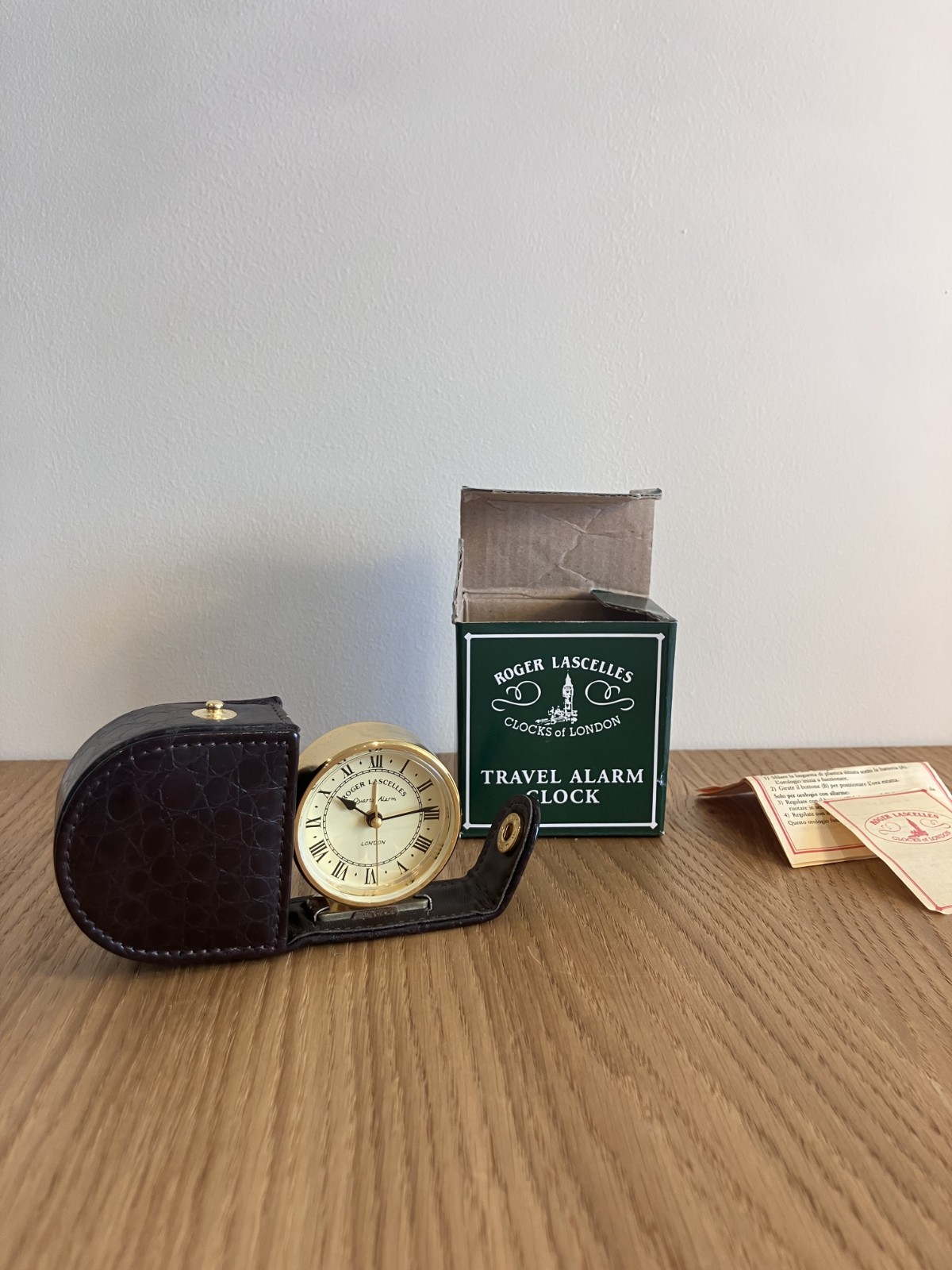 New Vtg Roger Lascelles London Travel Alarm Clock Boxed Crocodile Case Perfect