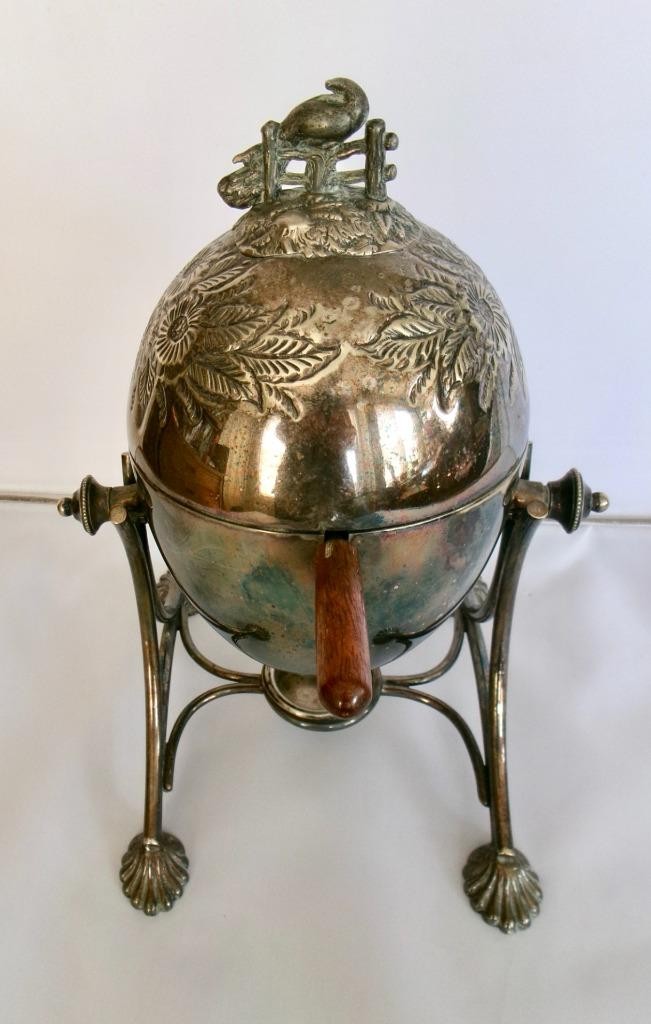 Antique 1893 Aesthetic Movement Silver Plate Egg Coddler Boiler w/Peacock Finial