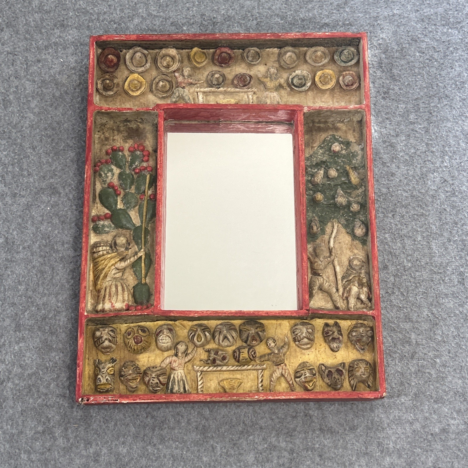 Vintage Peruvian Retablo Mirror - Masks, Hats, People at Work / Play Peru