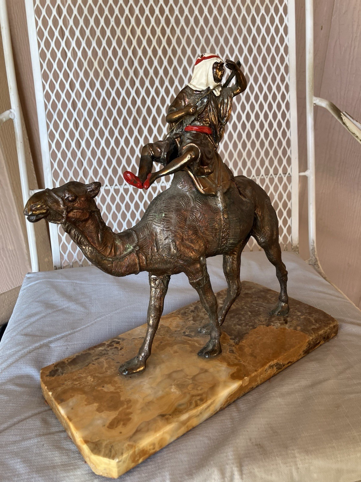 Vintage Artemetalica Bronze Camel armed rider on a camel, mounted on a marble