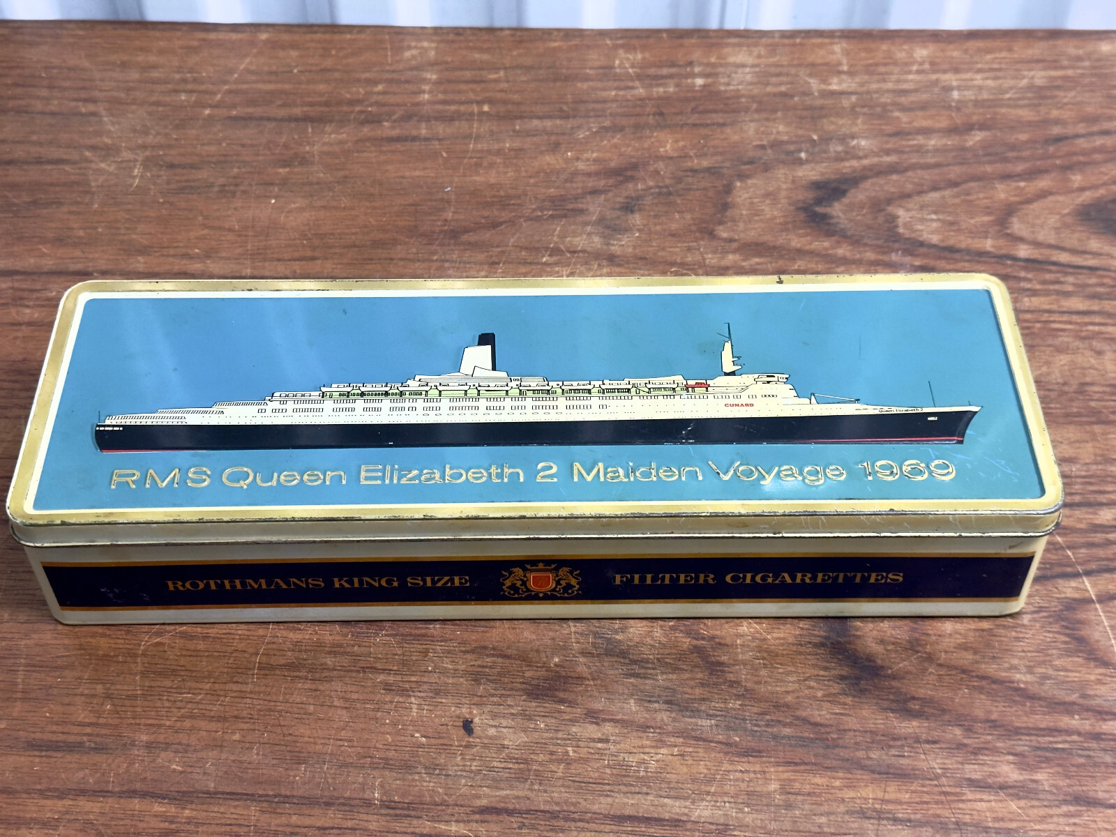 Vintage RMS Queen Elizabeth 2 Maiden Voyage Rothmans Cigarette Tin 1969
