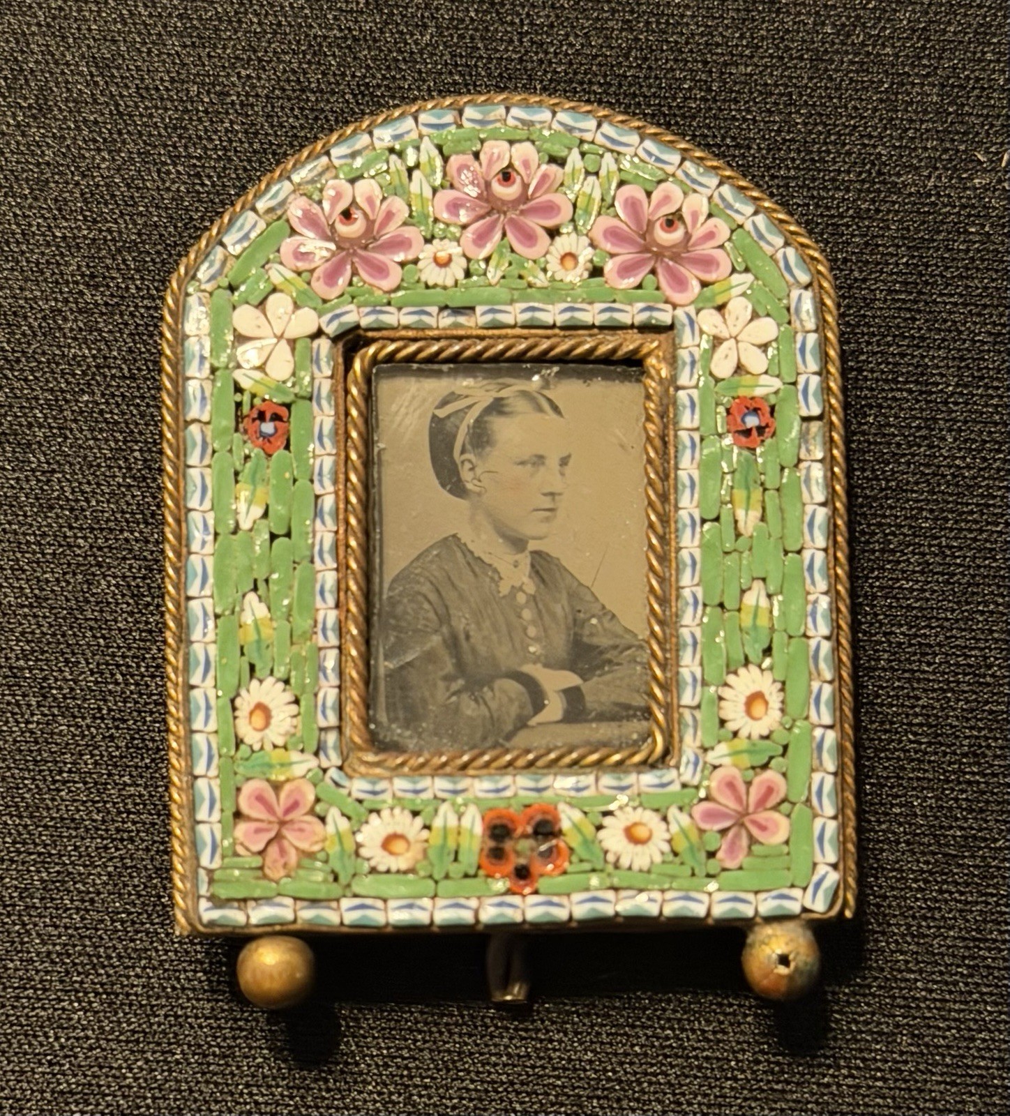 Antique Italian Micro Mosaic Miniature Picture Frame Arched Floral Brass
