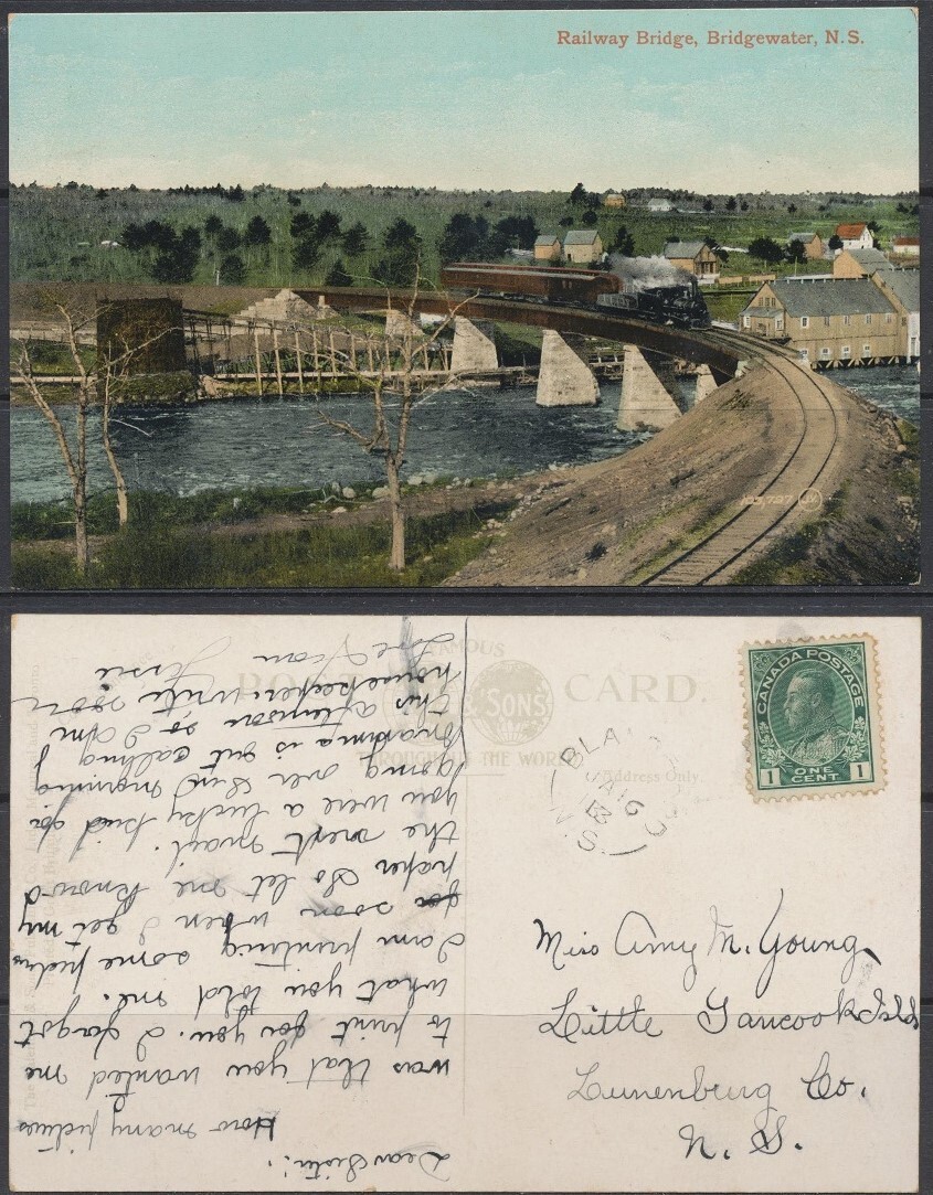 1913 Canada ~ Bridgewater, N.S. ~ Train on Railway Bridge ~ Antique PC