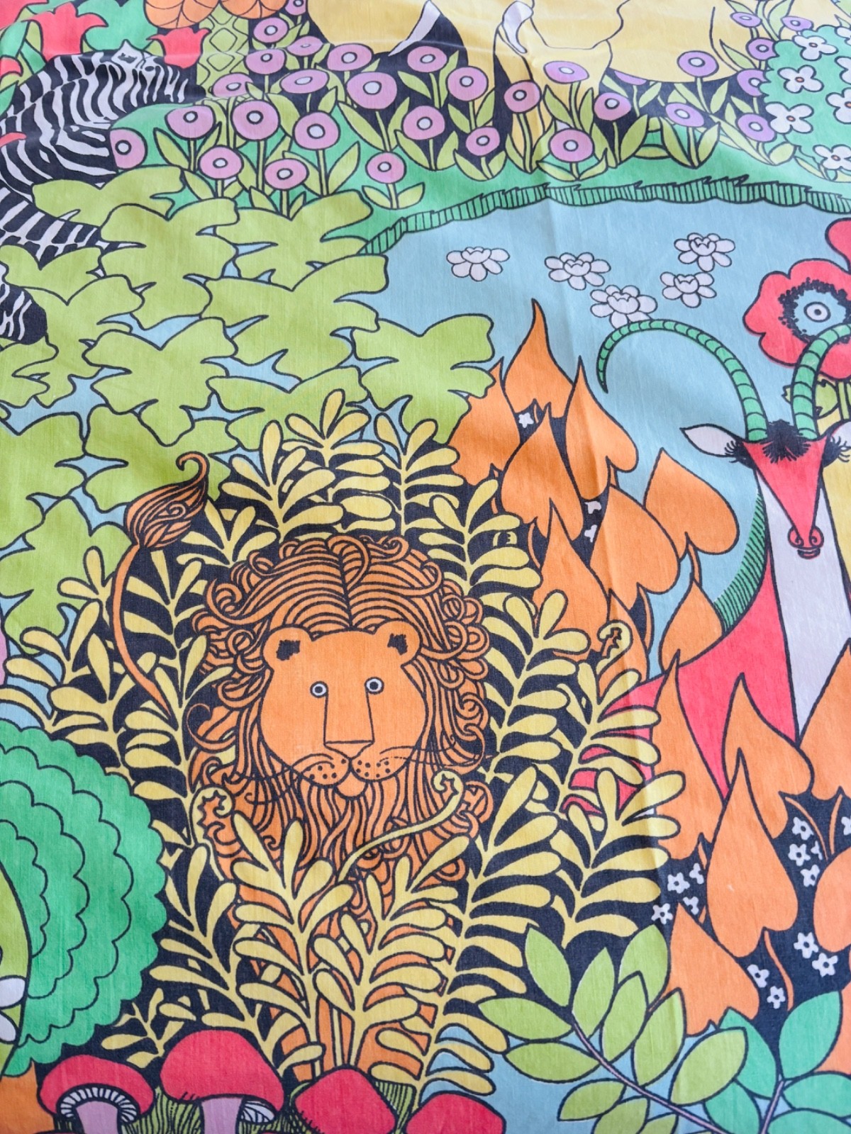 VTG 70\'S MOD POP UTICA GREEN FLORAL BOTANICAL JUNGLE LION ANIMAL*FULL FLAT SHEET