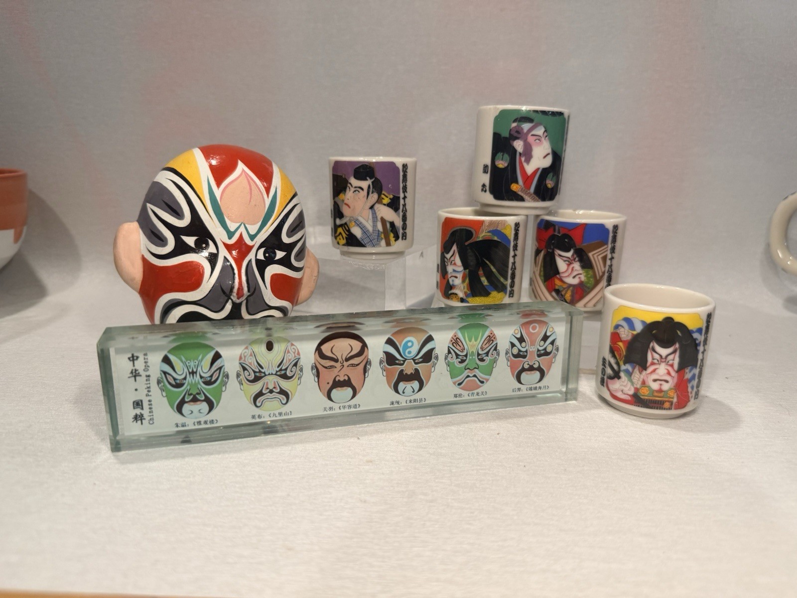 7 Piece JAPANESE KABUKI THEATER Trinket Set SAKE GLASSES Glass Bar One Mask