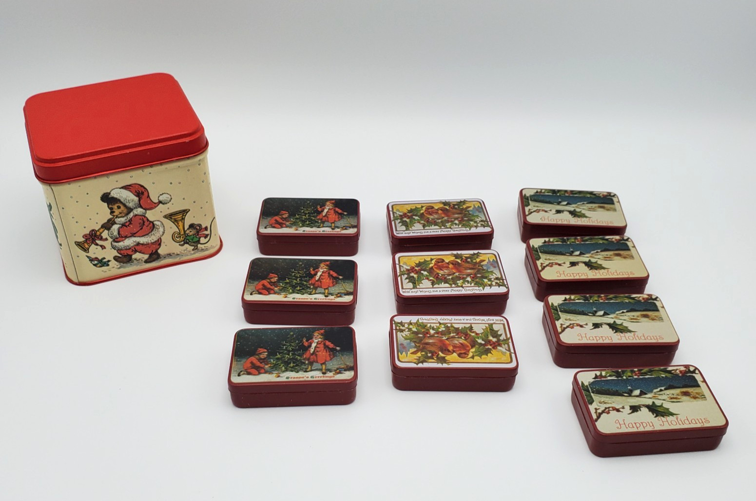 Potpourri Press Tin 10-in-1 Square w/ 9 Pill Boxes Animal Christmas Parade Vtg