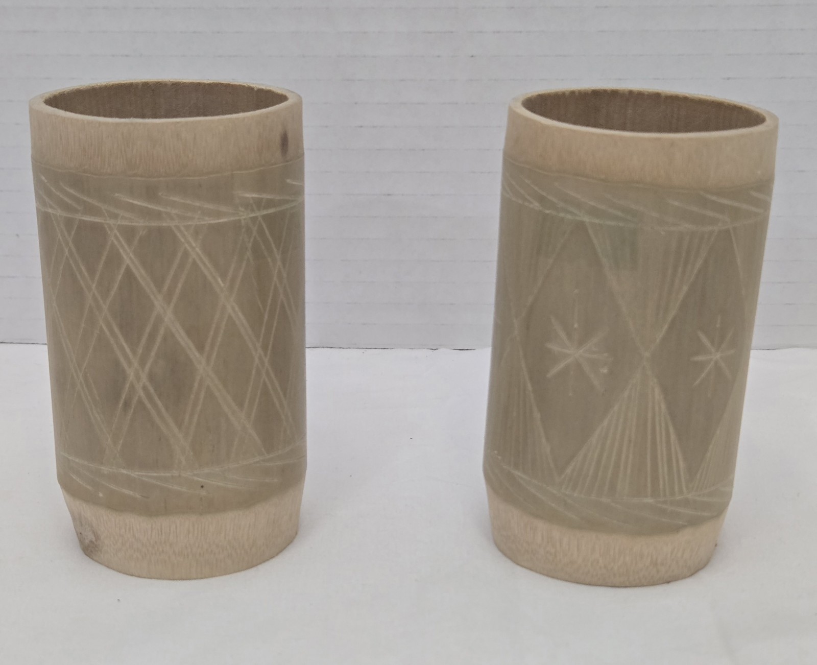 Two Vintage Jamaican Hand Carved Bamboo Tiki Craft Cups Or Vases 4 Inches