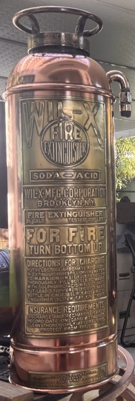 WIL-X Soda-Acid Fire Extinguisher Copper Canister, Brooklyn NY Mfg. Corp.