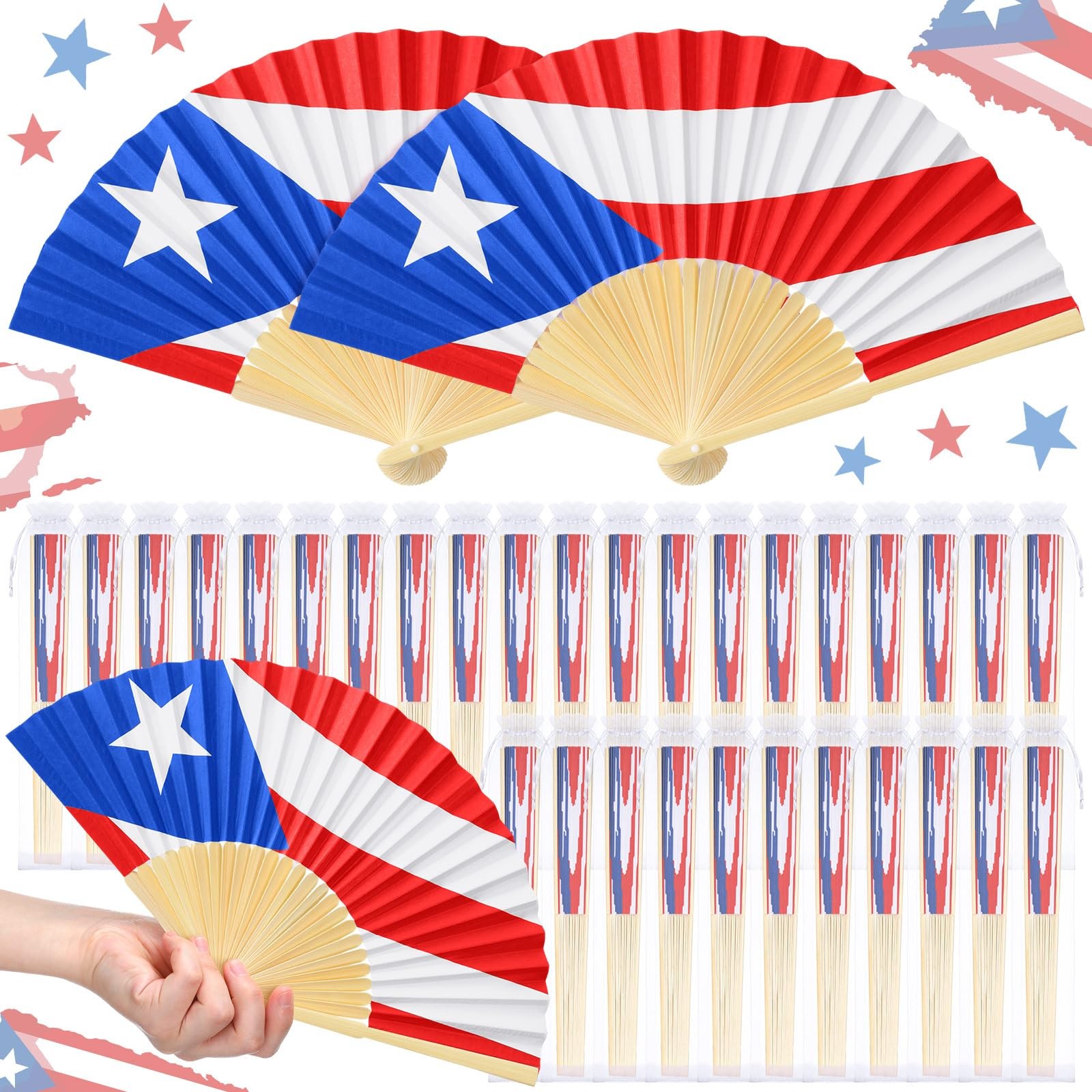 30 Pack Puerto Rico Flags Folding Hand Fans National Puerto Rican Day Parade Sou