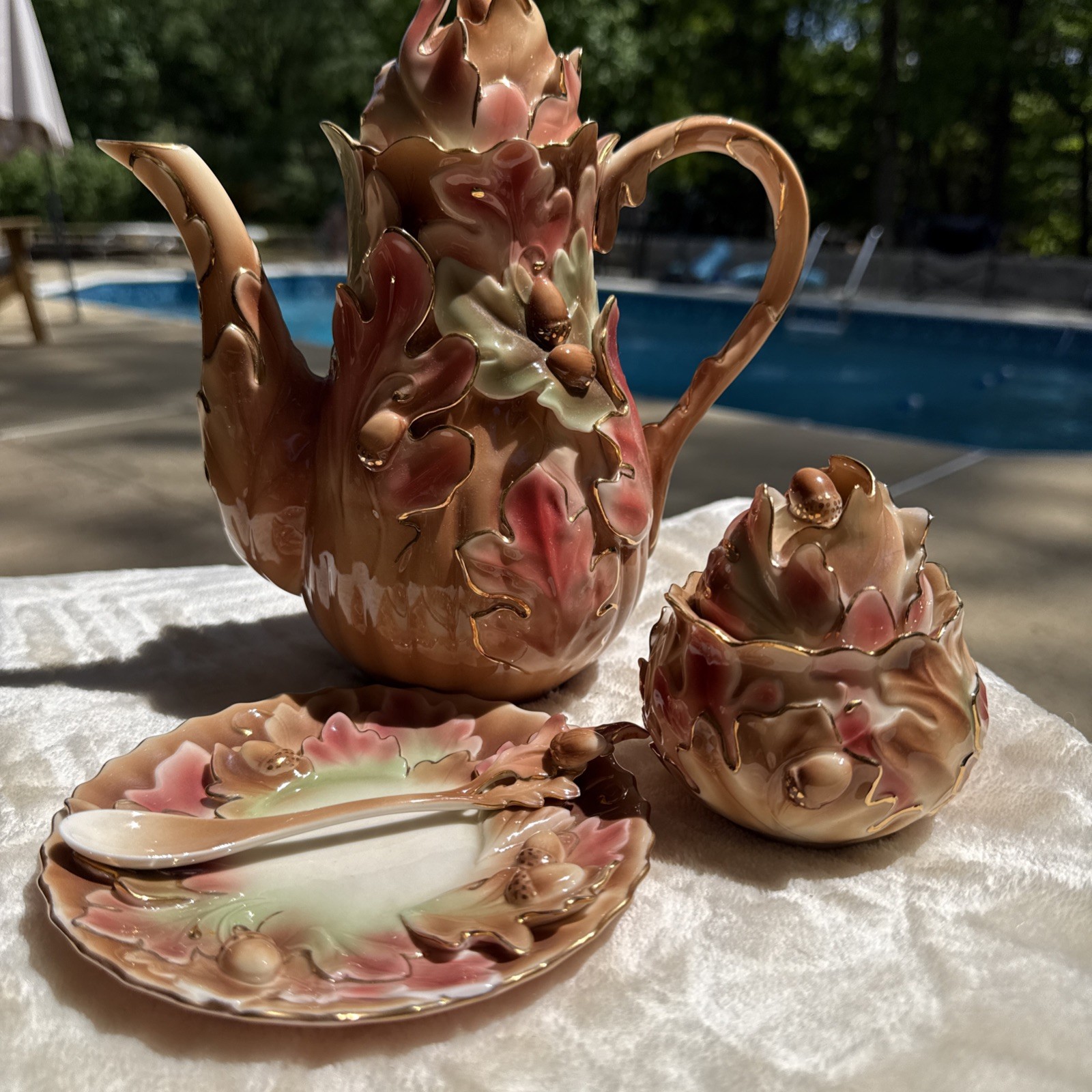 Franz Porcelain Acorn Oak Leaf Teapot Set Autumn Fall Sculpted Rare 4 Pcs Franz Porcelain Acorn Oak Leaf Teapot Set Autumn Fall Sculpted Rare 4 Pcs