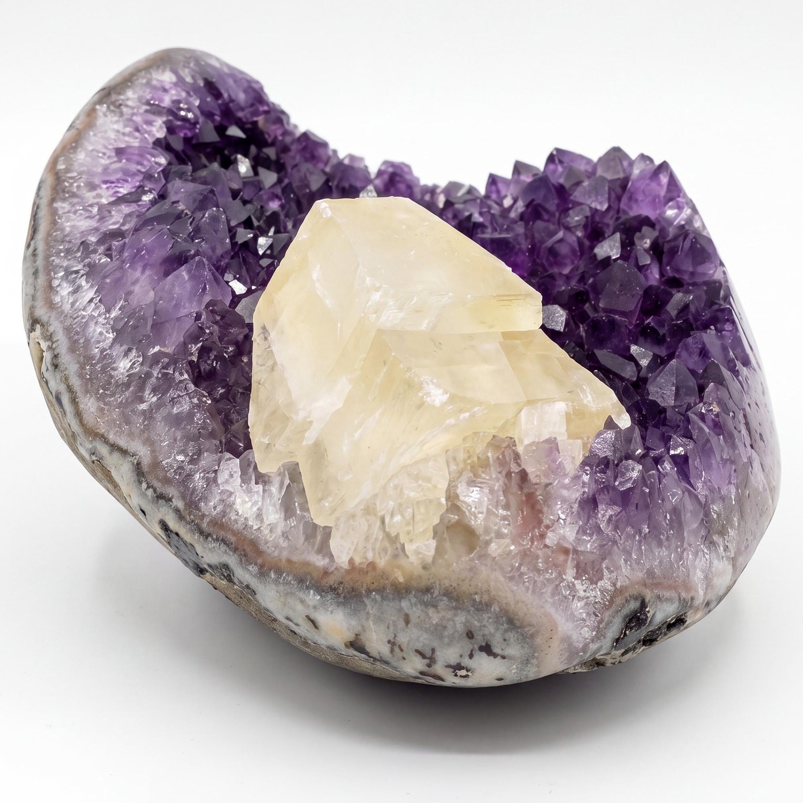 Deep Purple Amethyst Geode Cluster with Calcite - Natural Crystal Decor