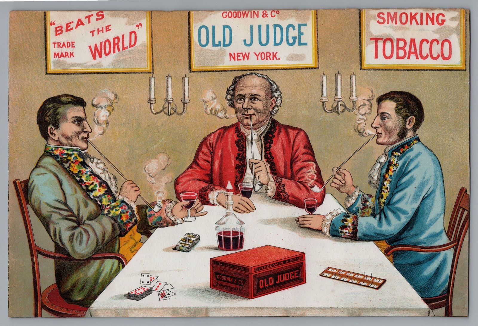 Rare 1880s Old Judge Tobacco Window Sign Goodwin Co Men Smoking 7.5x11