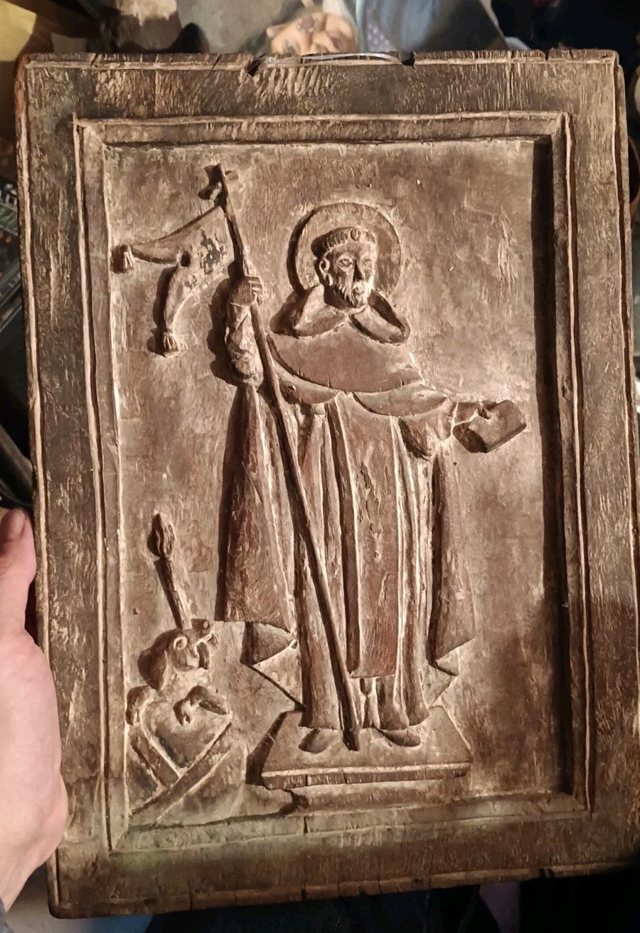 Antique 18thC Carved Oak Panel Saint Anthony Abbot Bas-Relief Wood Plaque