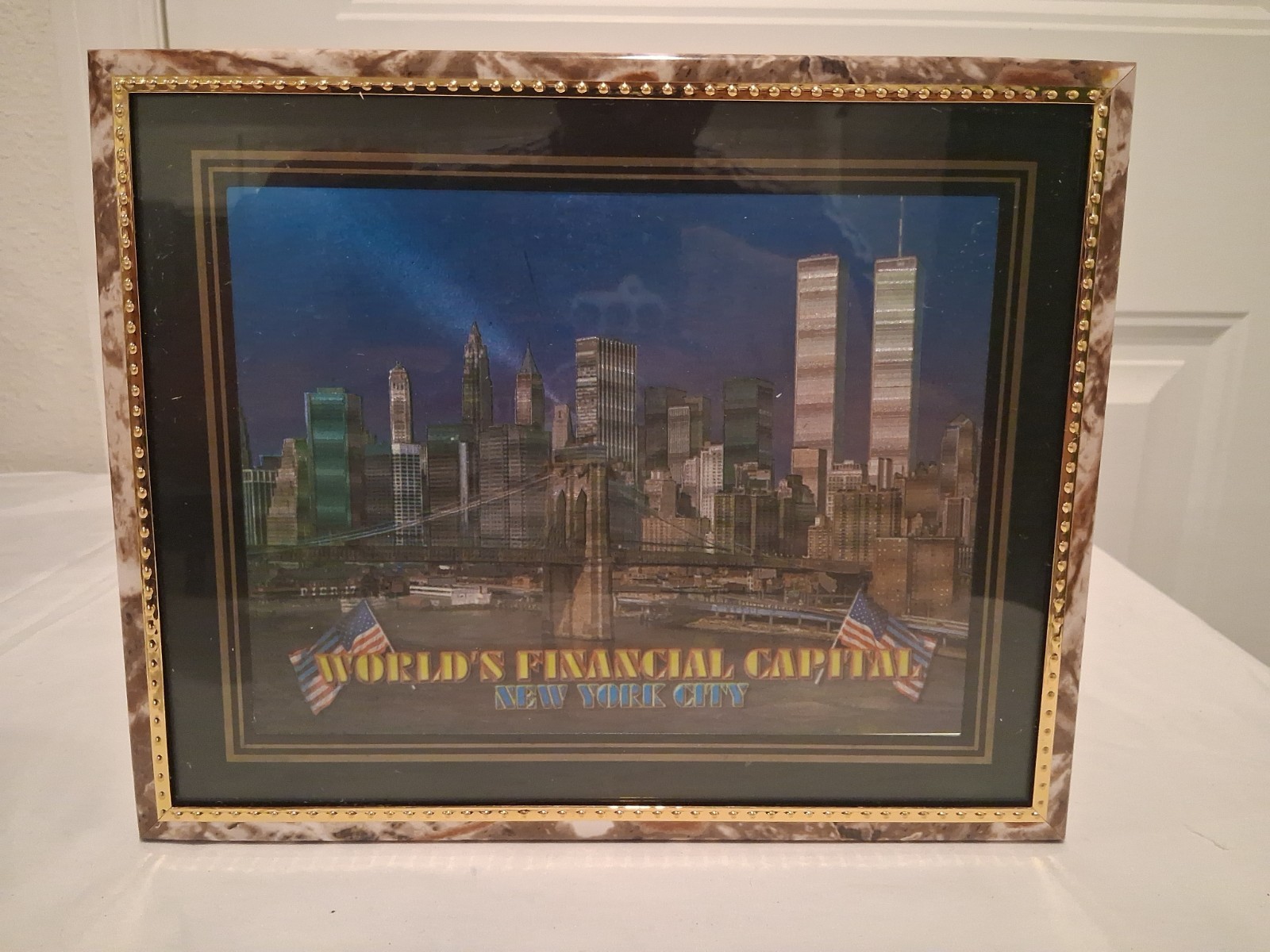 Vintage 80s NYC Twin Towers Holographic Framed Picture World Trade Center...